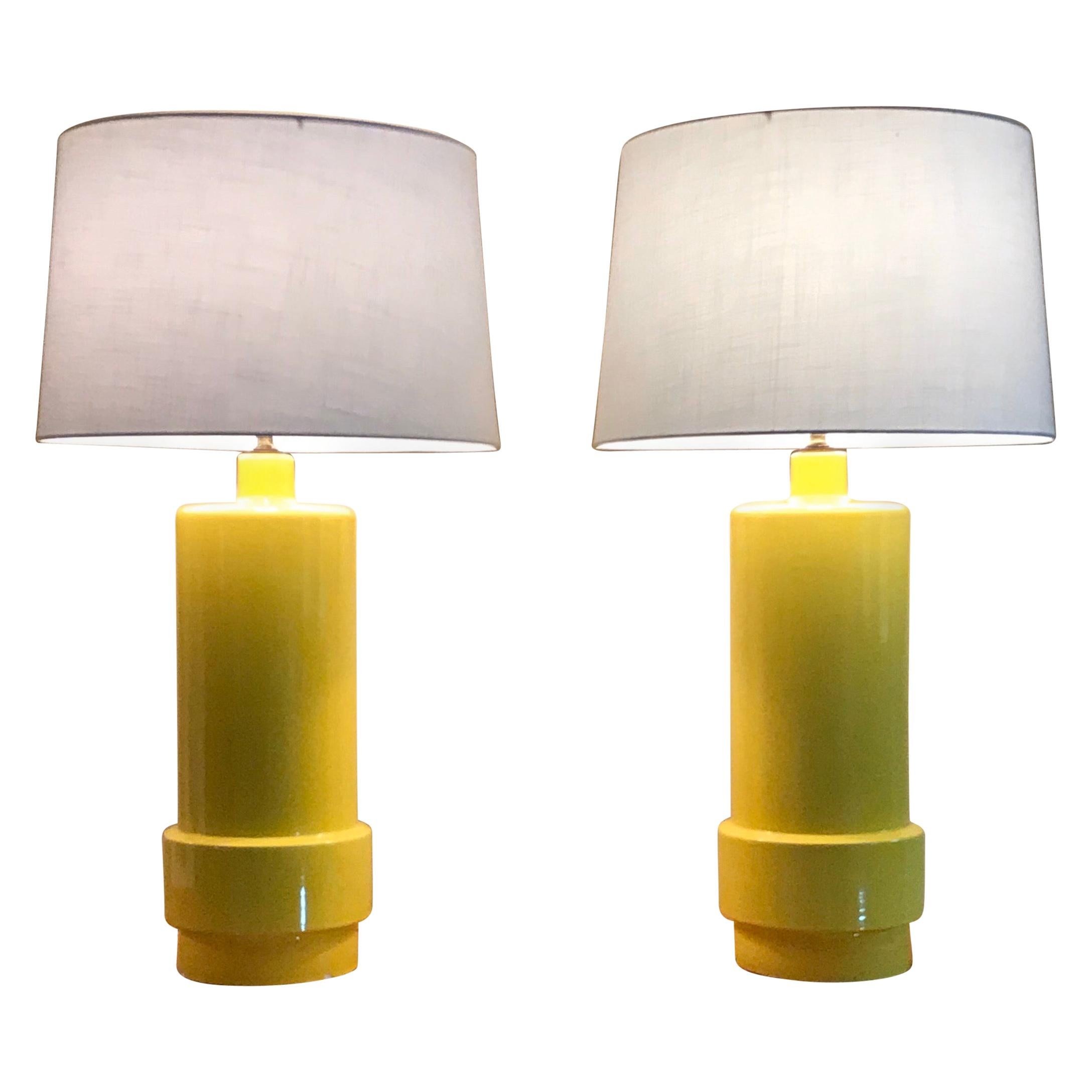 Monumental Mid-Century Yellow Ceramic Lamps, a Pair