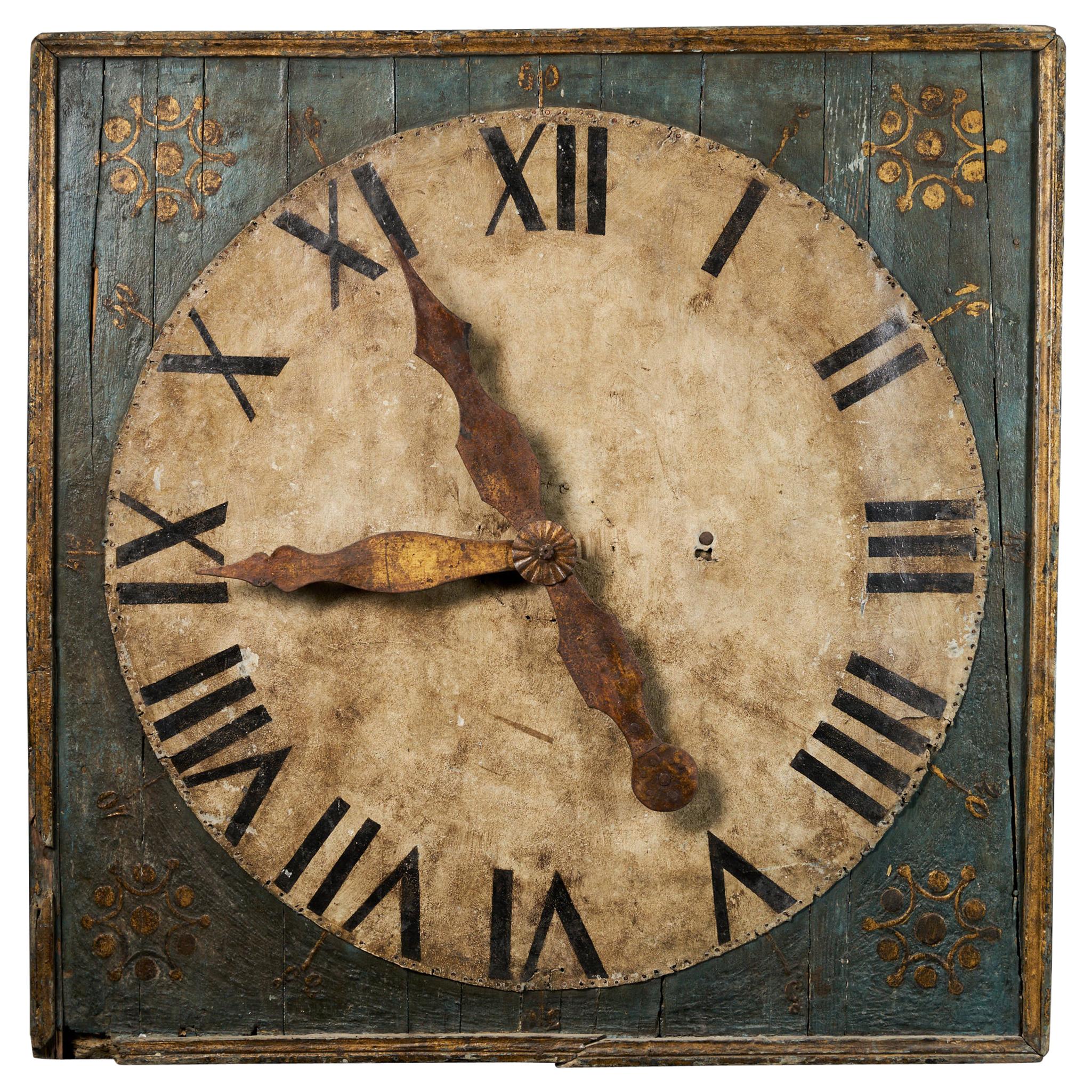 Monumental Clock on a Polychromed Panel with Hands in Golden Metal For Sale