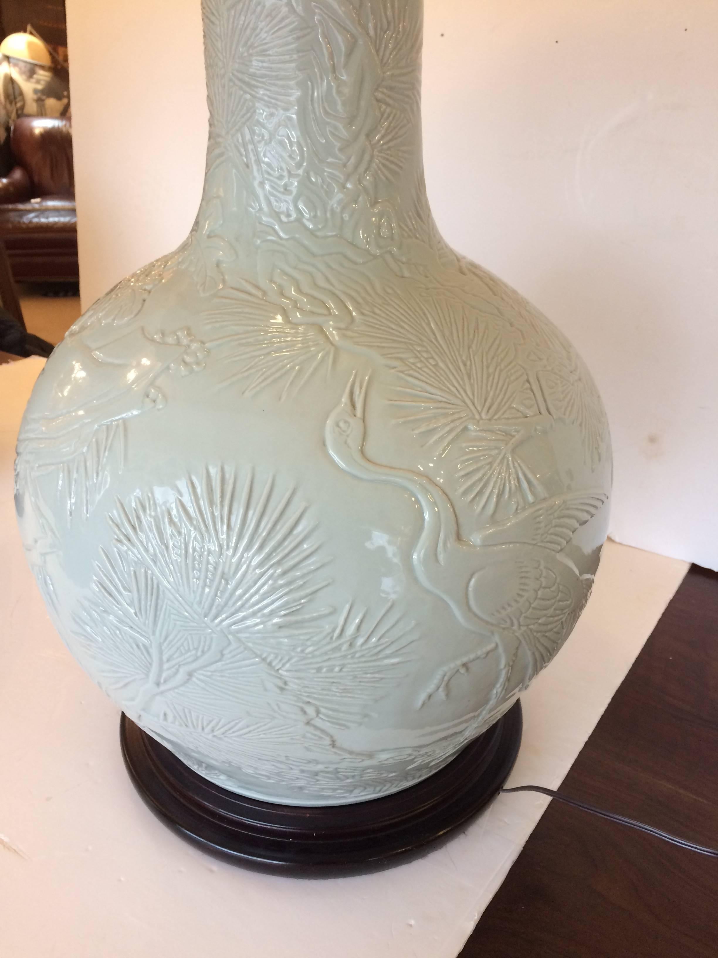 Chinese Export Monumentally Large Impressive Pair of Celadon Chinese Table Lamps For Sale