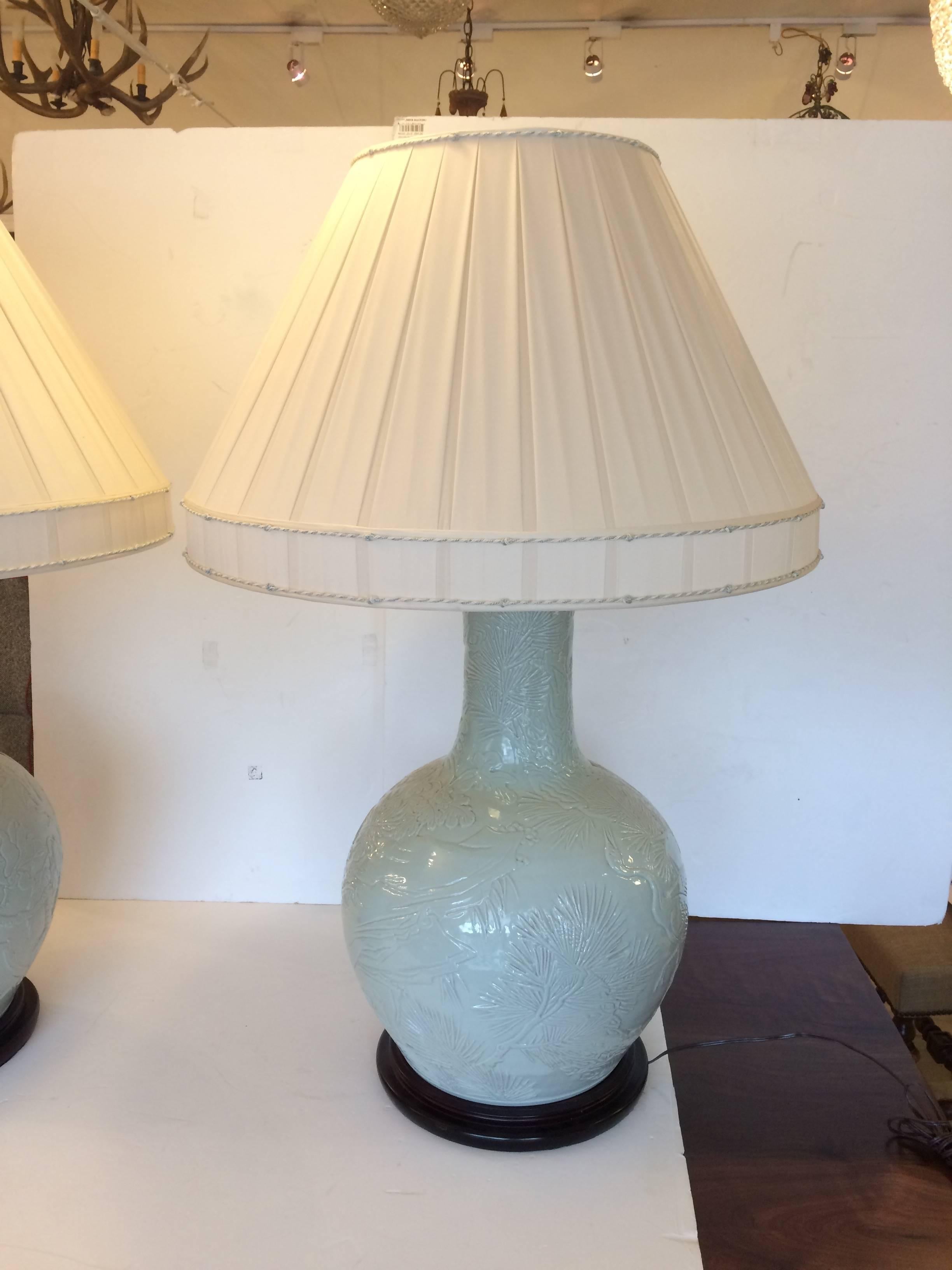 Mid-20th Century Monumentally Large Impressive Pair of Celadon Chinese Table Lamps
