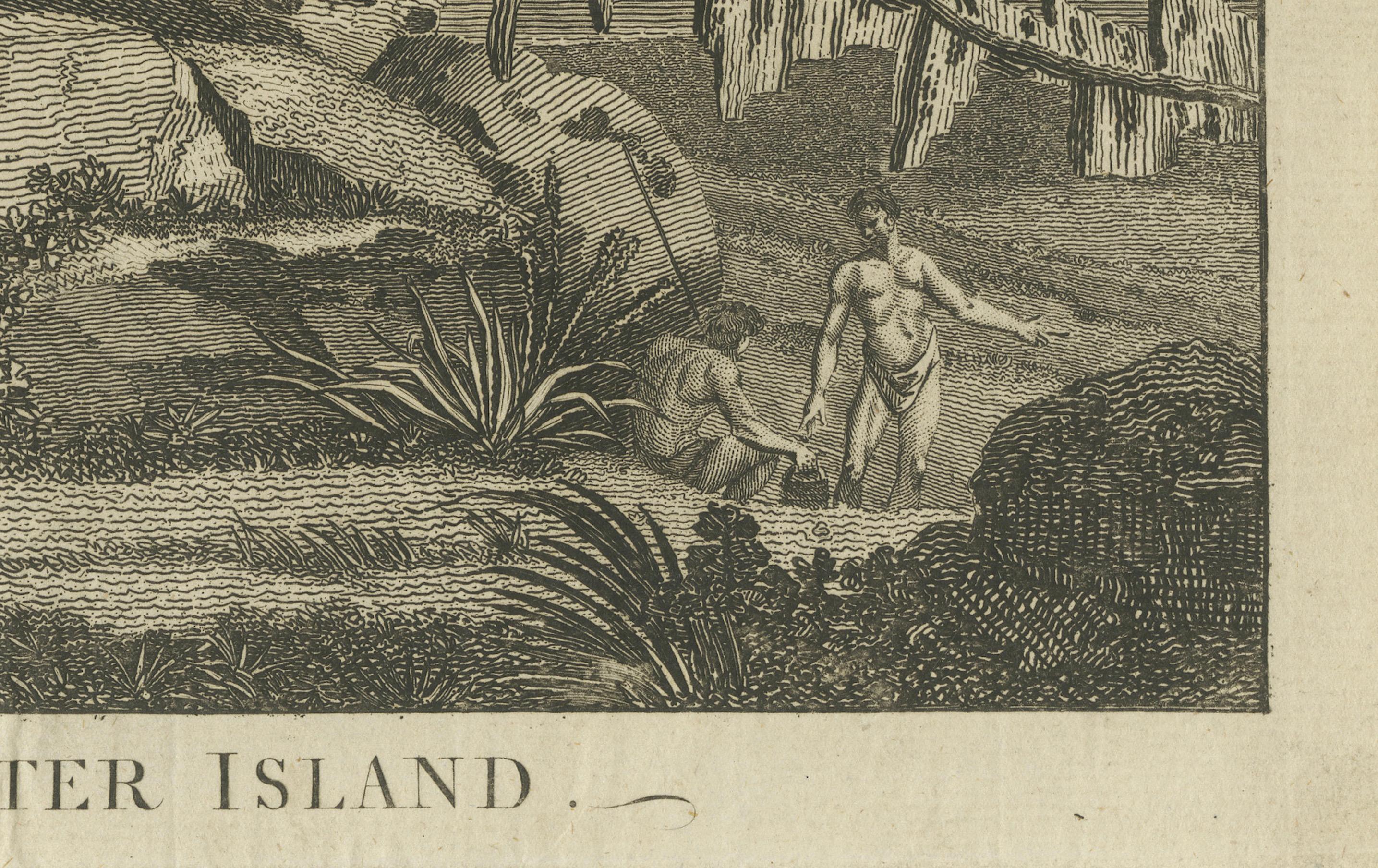 Monuments de l'île de Pâques : une vue européenne ancienne des statues du Moai, vers 1785 État moyen - En vente à Langweer, NL