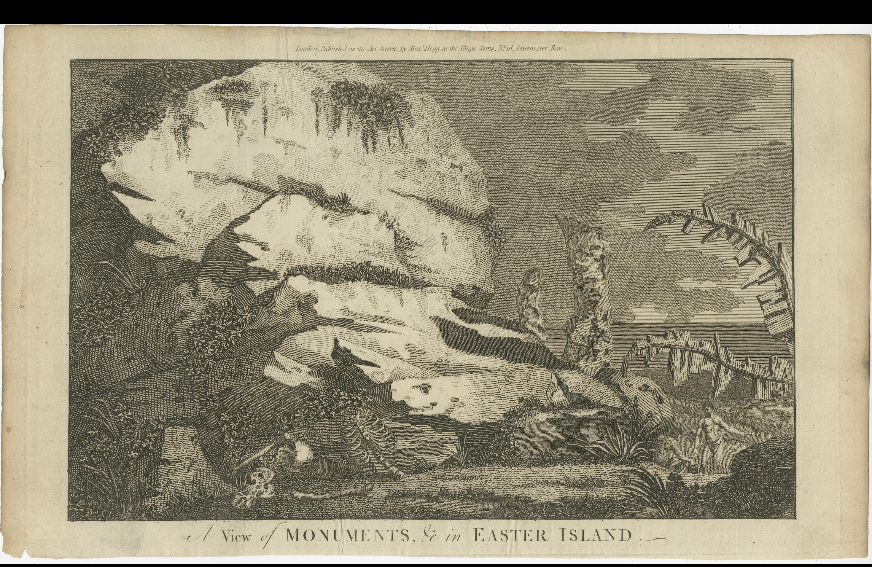 Papier Monuments de l'île de Pâques : une vue européenne ancienne des statues du Moai, vers 1785 en vente