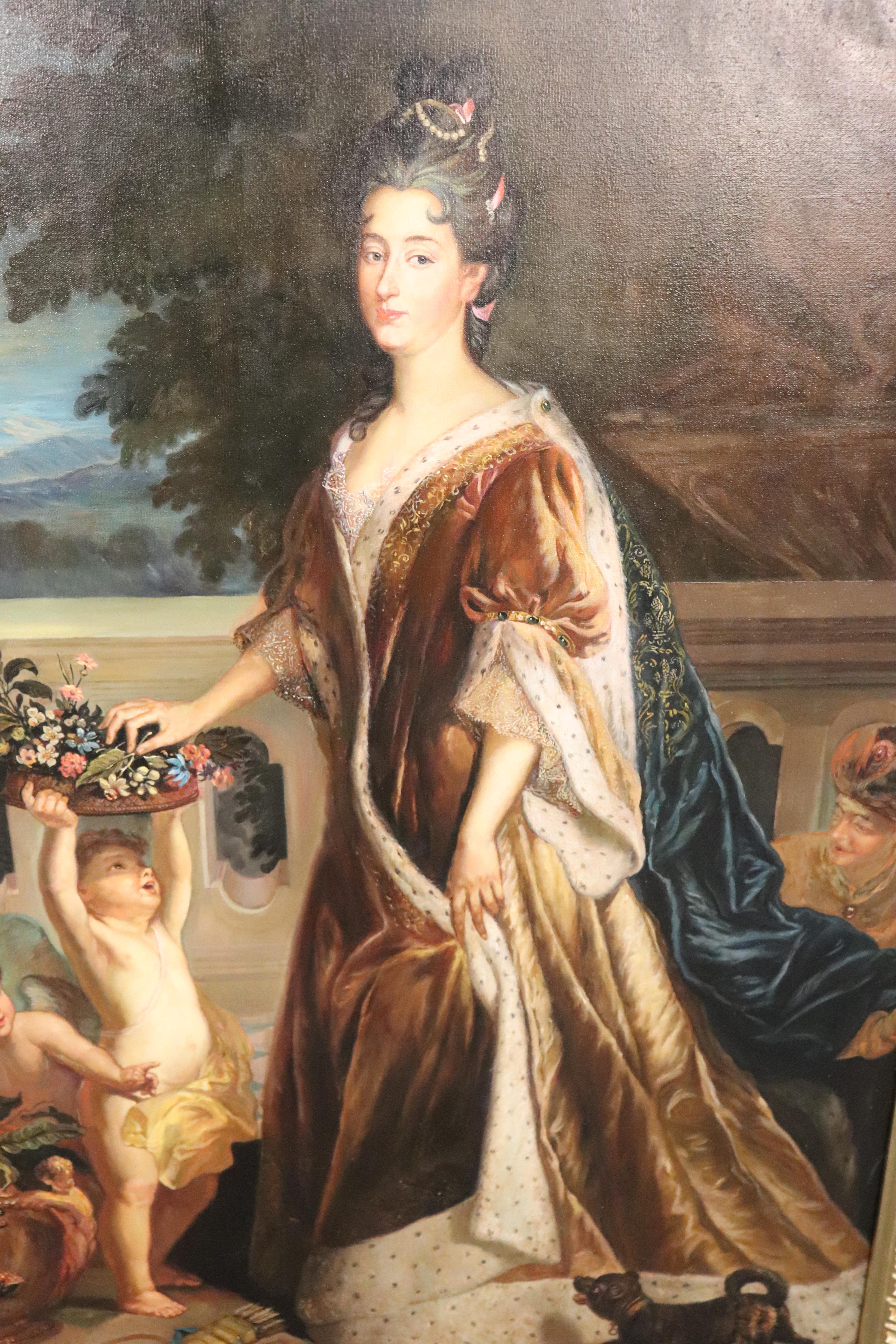 This is an outstanding oil painting in a fantastic gilded carved Florentine frame. The painting features cherubs and incredible detail and is in good condition. The painting is a 20th century painting is of Anne Louise Bénédicte de Bourbon. She was