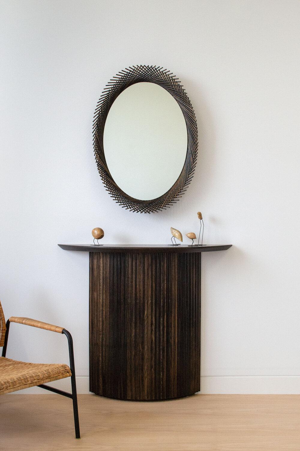 Mooda Mirror Oval 28 / Oxidized Oak Wood, Clear Mirror by INDO- In New Condition For Sale In Rumford, RI