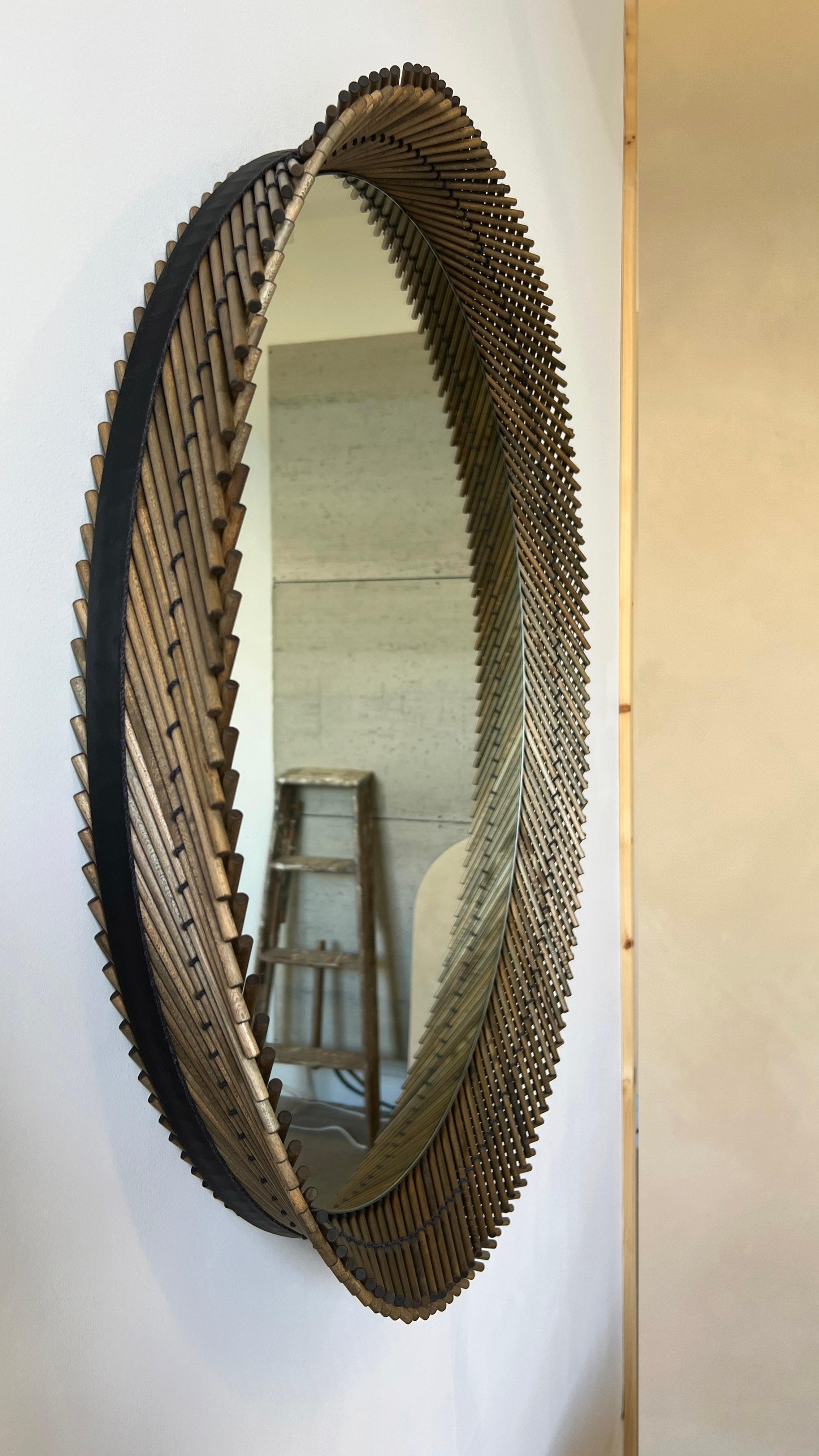 Mooda Round Mirror 30 / Oxidized Maple Wood, Clear Mirror by INDO- In New Condition For Sale In Rumford, RI