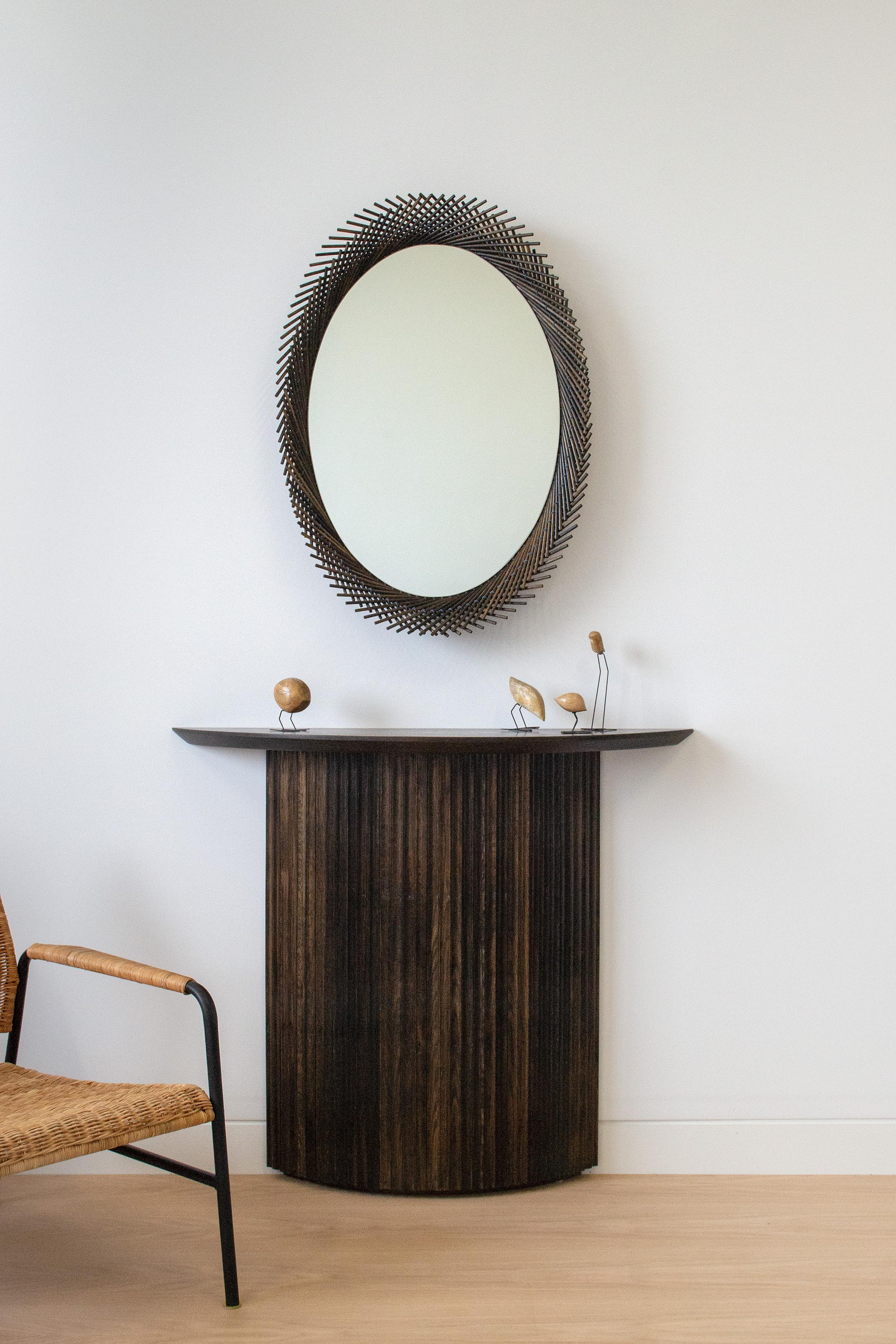 Mooda Round Mirror 36 / Oxidized Oak Wood, Clear Mirror by INDO- For Sale 2