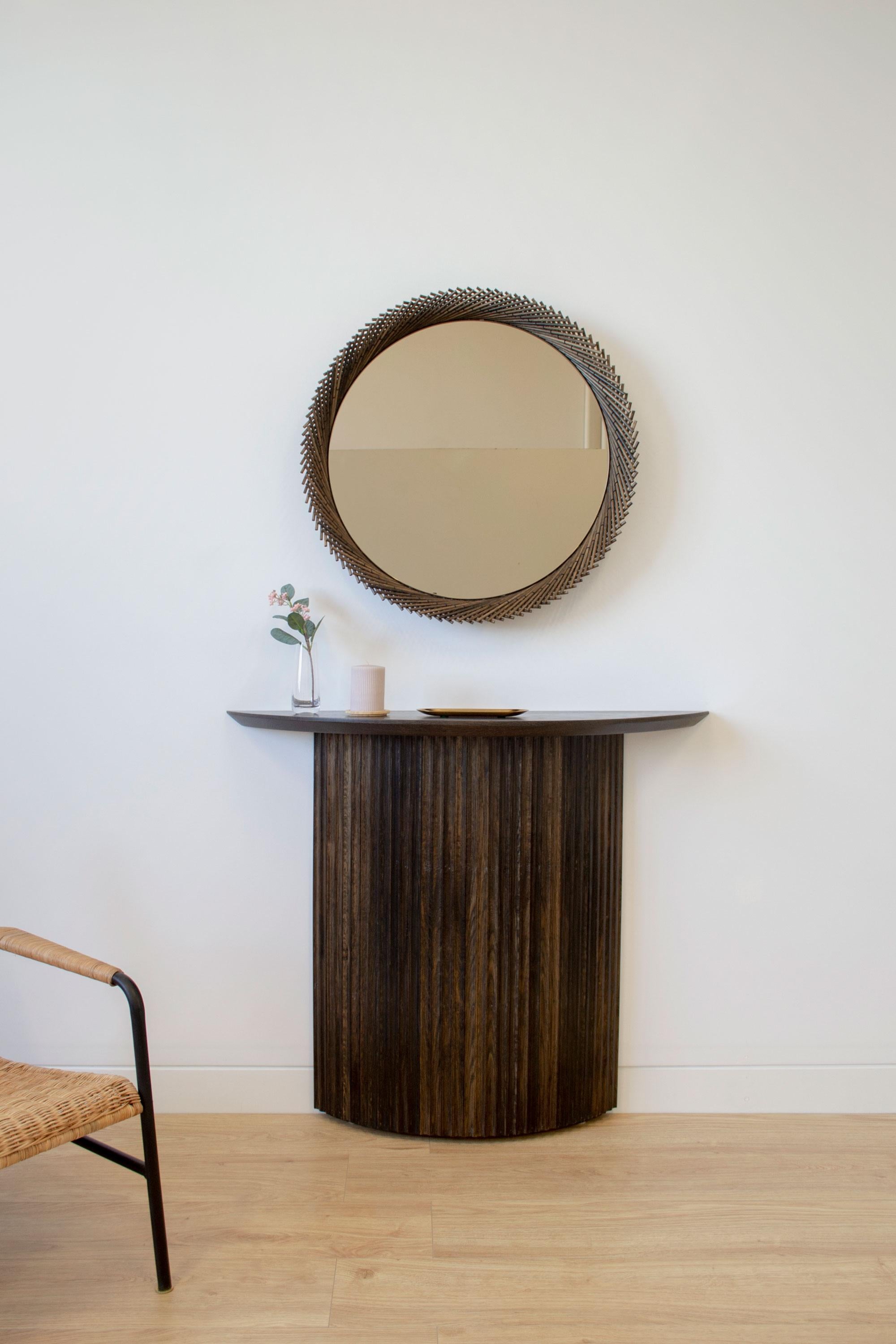 Mooda Round Mirror 36 / Oxidized Oak Wood, Clear Mirror by INDO- For Sale 4