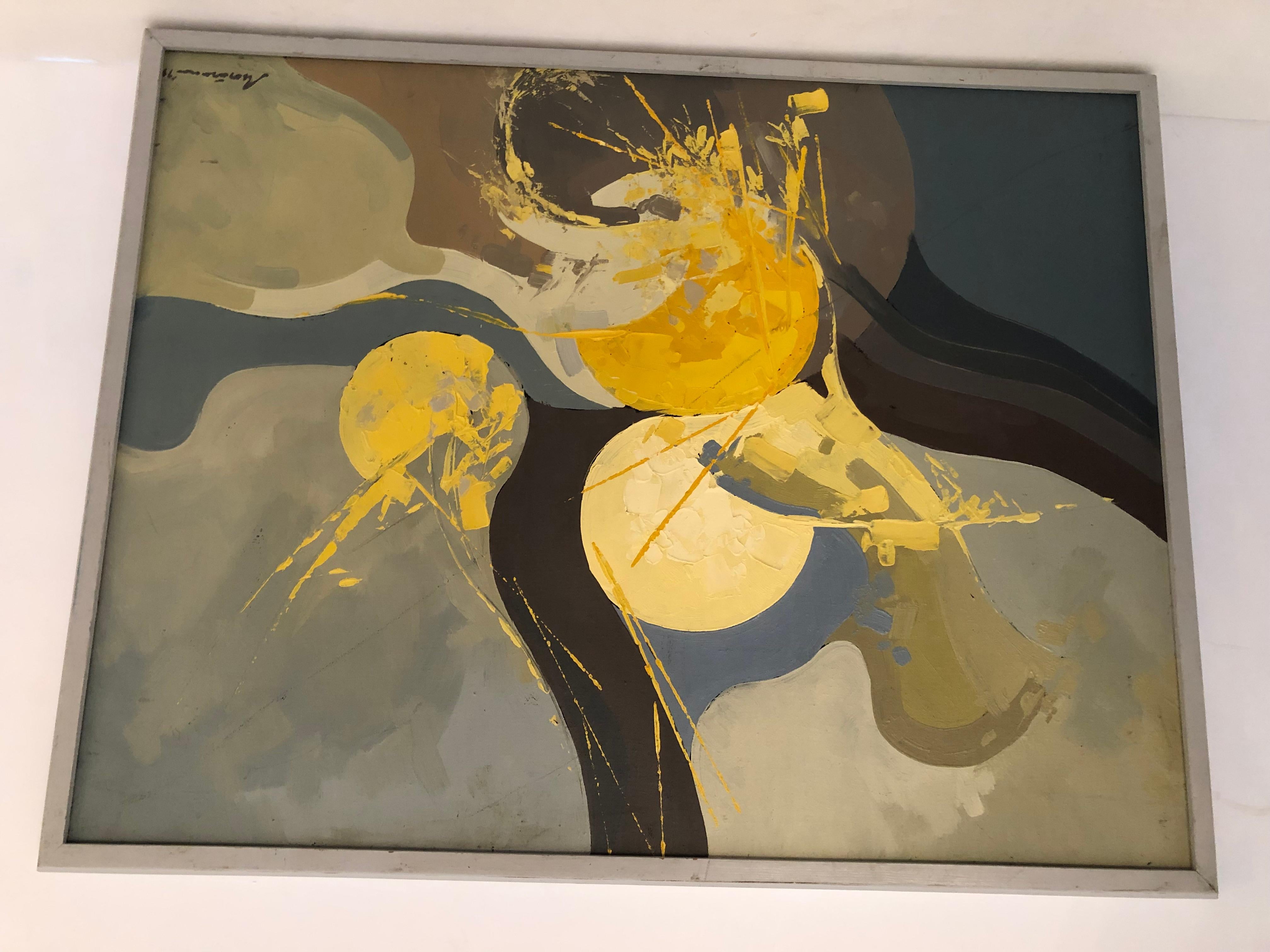 Stimmungsvolles und auffälliges abstraktes Gemälde mit gelbem Kreiselement, zufälligen Farbtropfen und einer wunderbaren Farbpalette aus Olivgrün, Hellgrau und Kohle.