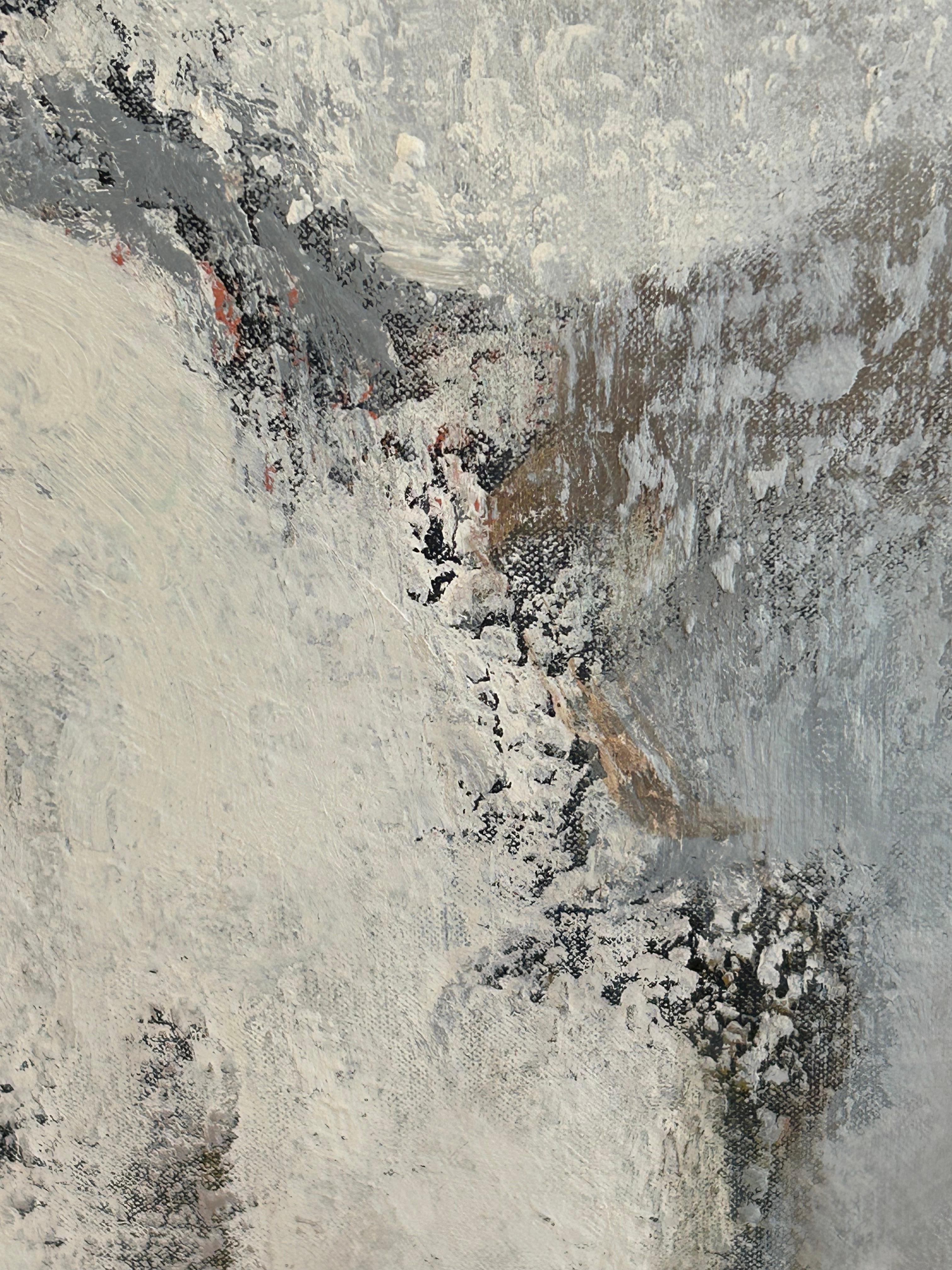 Ethereal abstract in greys, white, and brown having overlapping textures and shapes in an earthy mix.  By Princeton famous artist Thomas George.


Thomas George (1918-2014) was an internationally recognized artist whose work is included in the
