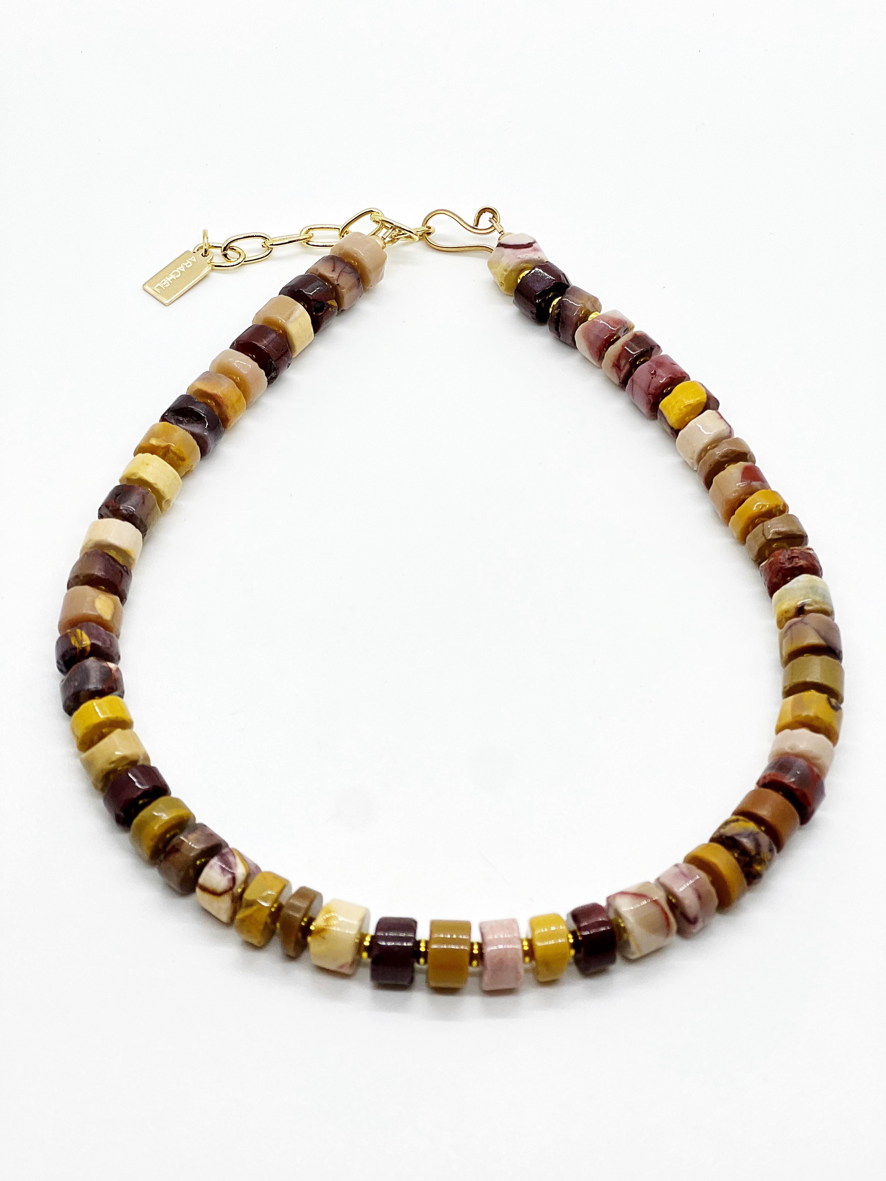 Mookaite Jasper semi-precious necklace. Mookaite jasper is a nurturing stone that supports and sustains during times of stress. It brings peace and a feeling of wholeness

Because of the nature of this jewelry, it is unique.

Product Detail:
