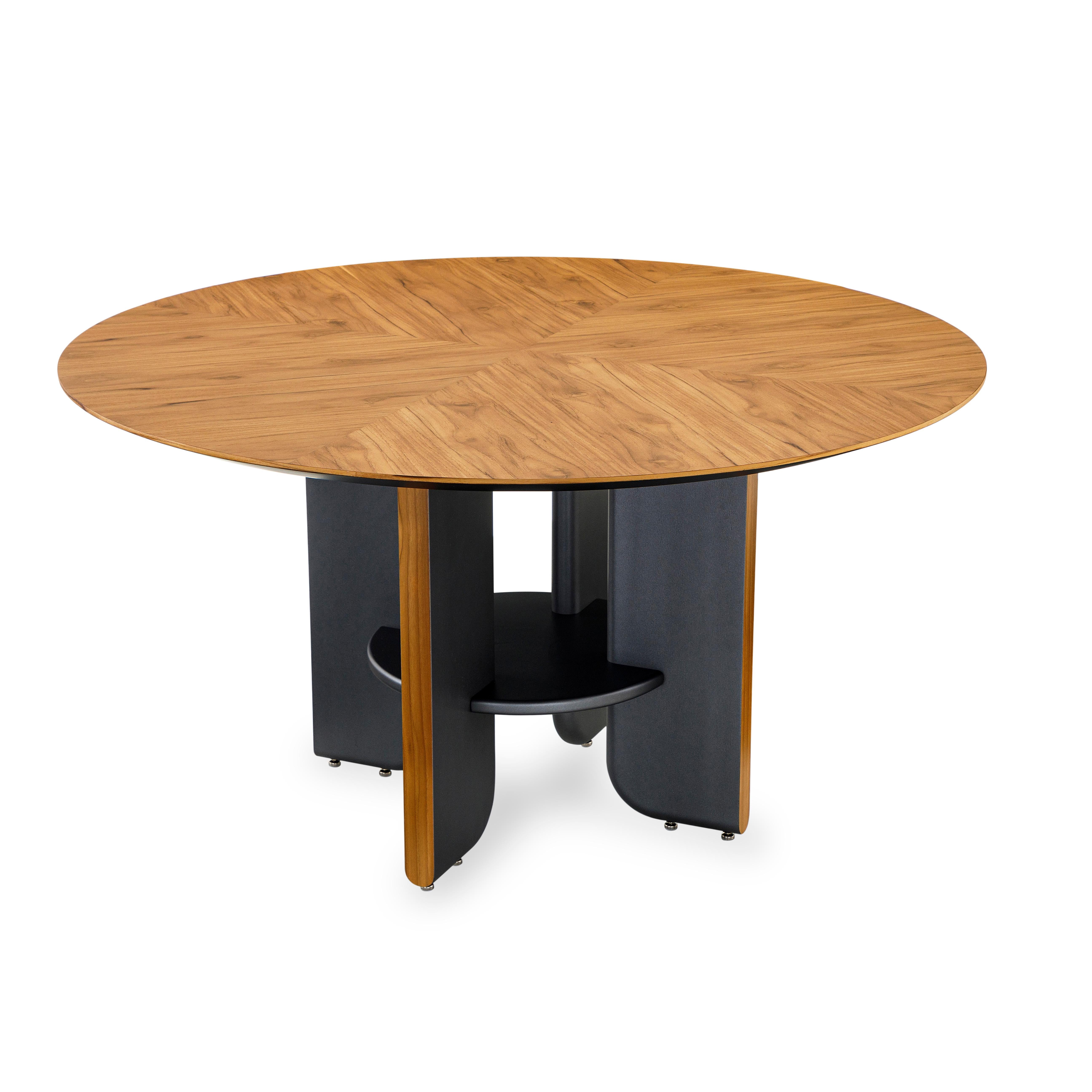 Brazilian Moon Round Dining Table with Teak Veneered Top and Black Wood Legs 55'' For Sale