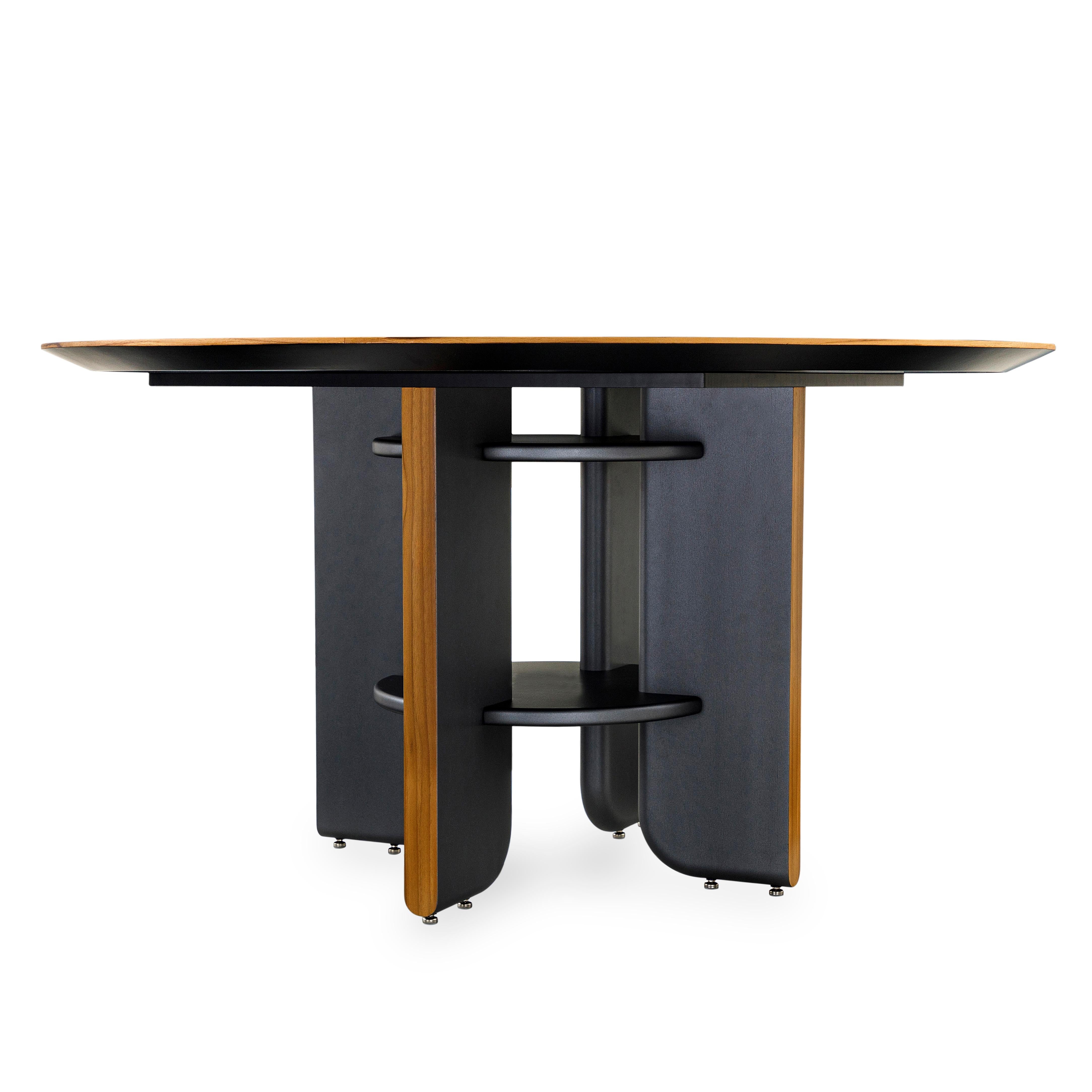 Moon Round Dining Table with Teak Veneered Top and Black Wood Legs 55'' In New Condition For Sale In Miami, FL