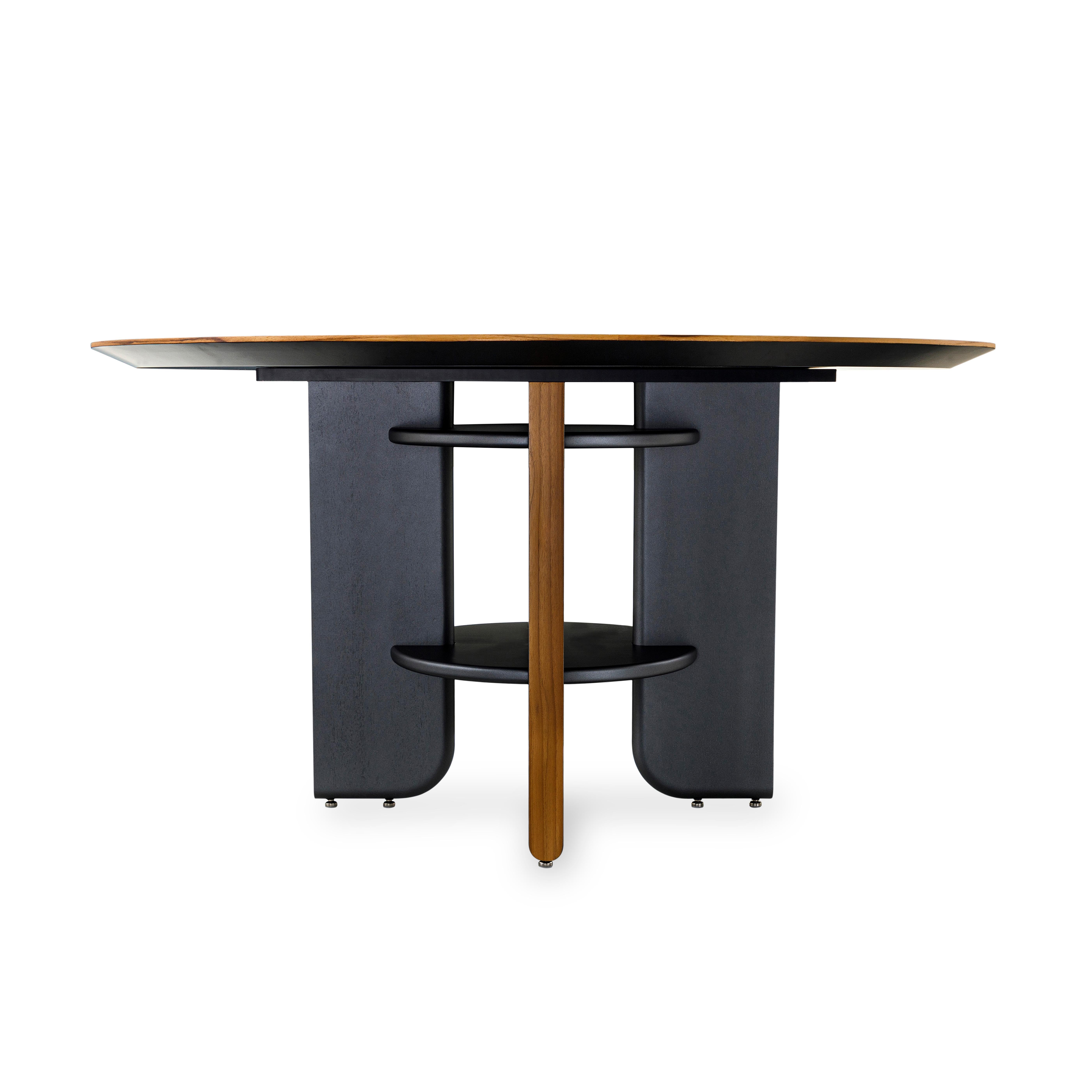 Contemporary Moon Round Dining Table with Teak Veneered Top and Black Wood Legs 55'' For Sale