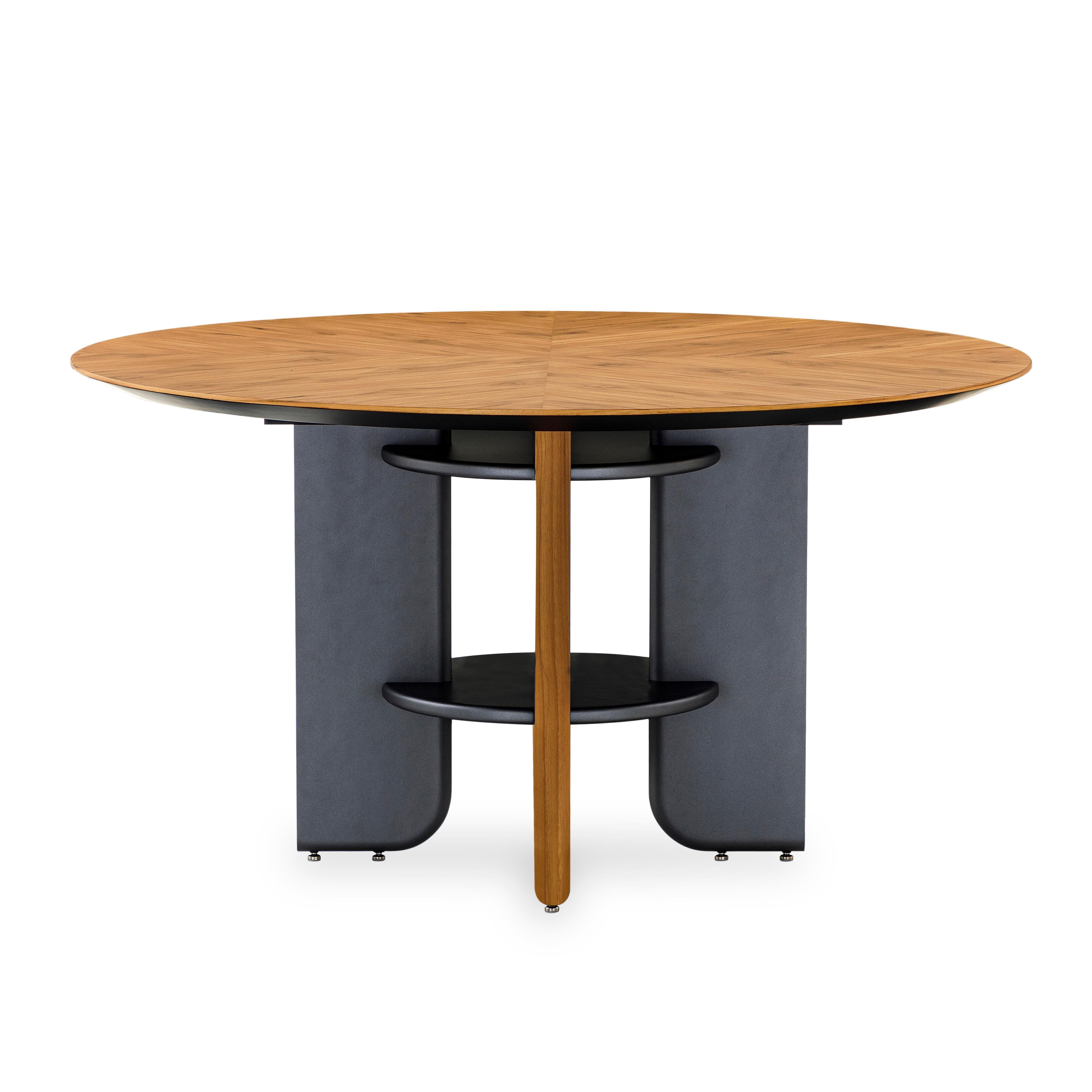 Moon Round Dining Table with Teak Veneered Top and Black Wood Legs 55'' For Sale 2