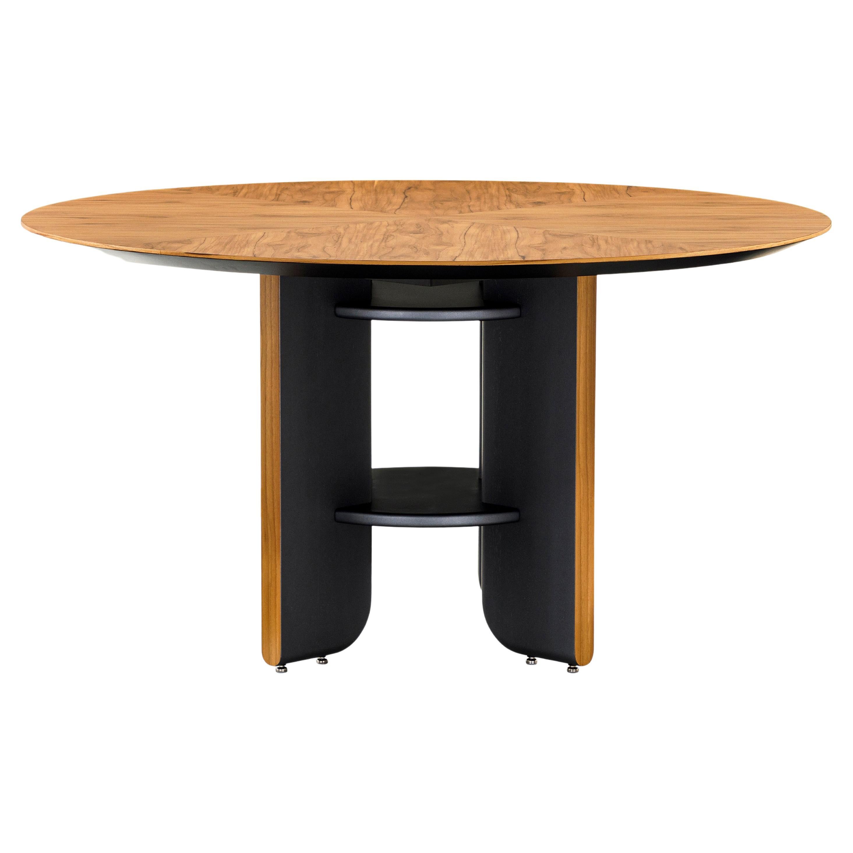 Moon Round Dining Table with Teak Veneered Top and Black Wood Legs 55''