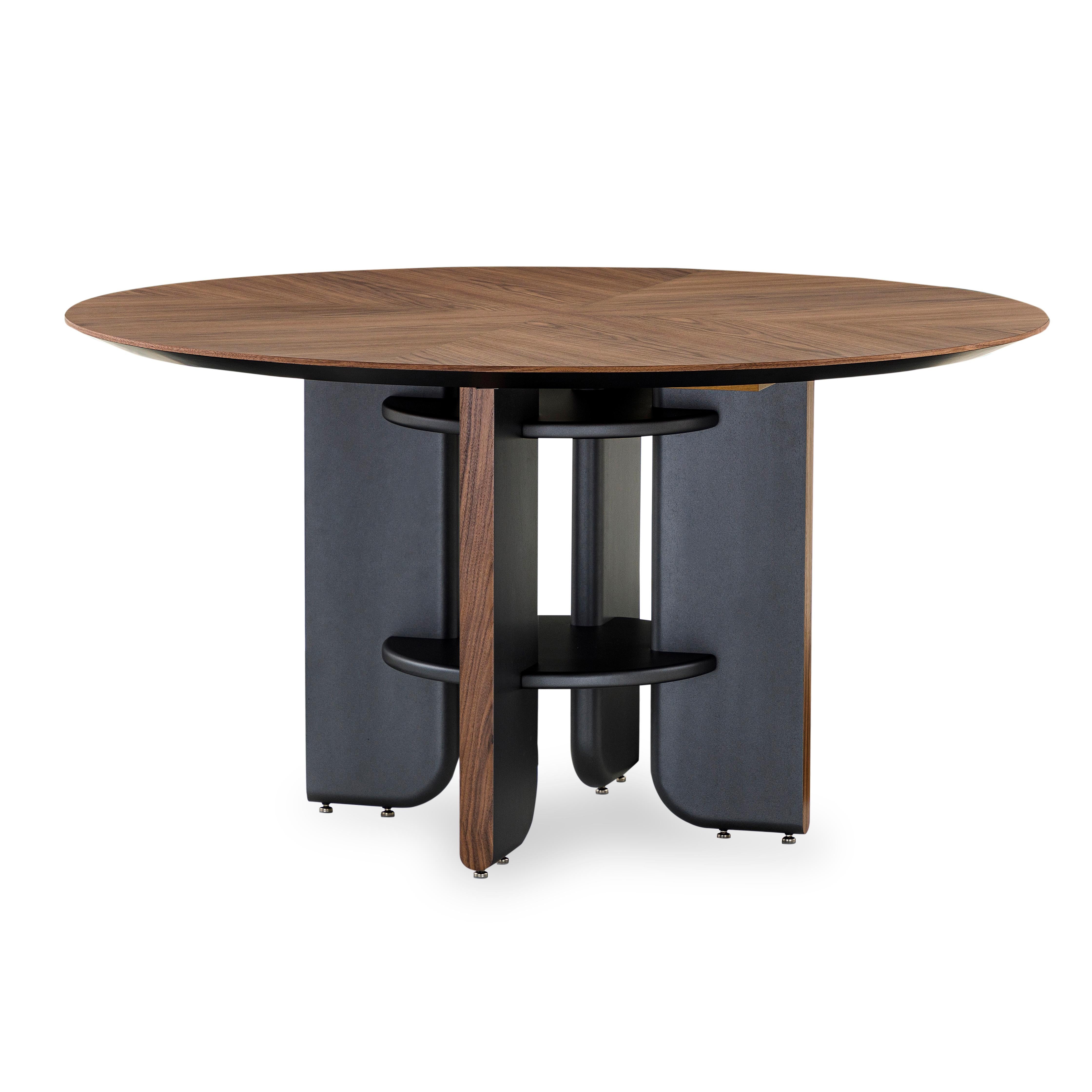 Brazilian Moon Round Dining Table with Walnut Veneered Top and Black Wood Legs 55'' For Sale