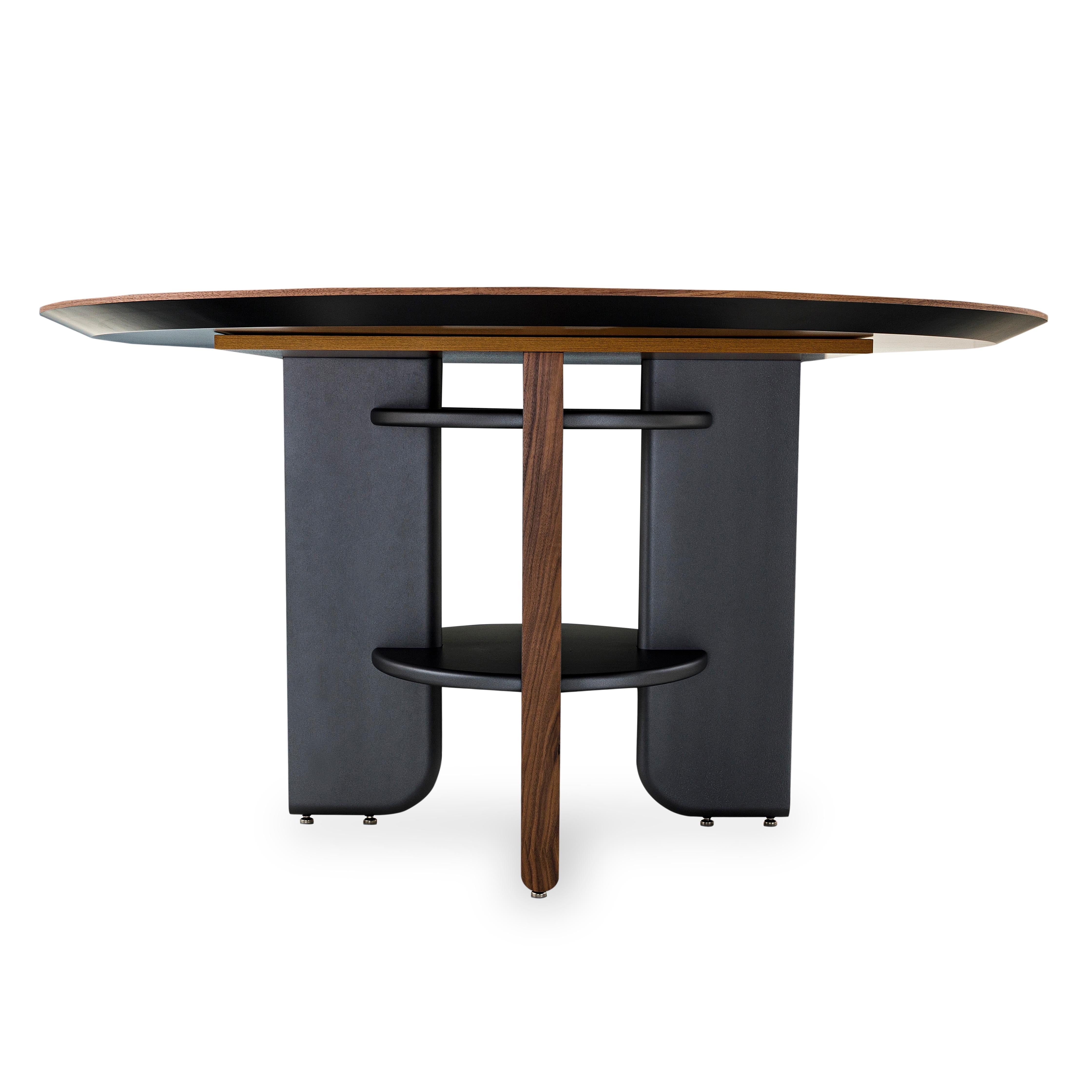 Contemporary Moon Round Dining Table with Walnut Veneered Top and Black Wood Legs 55'' For Sale