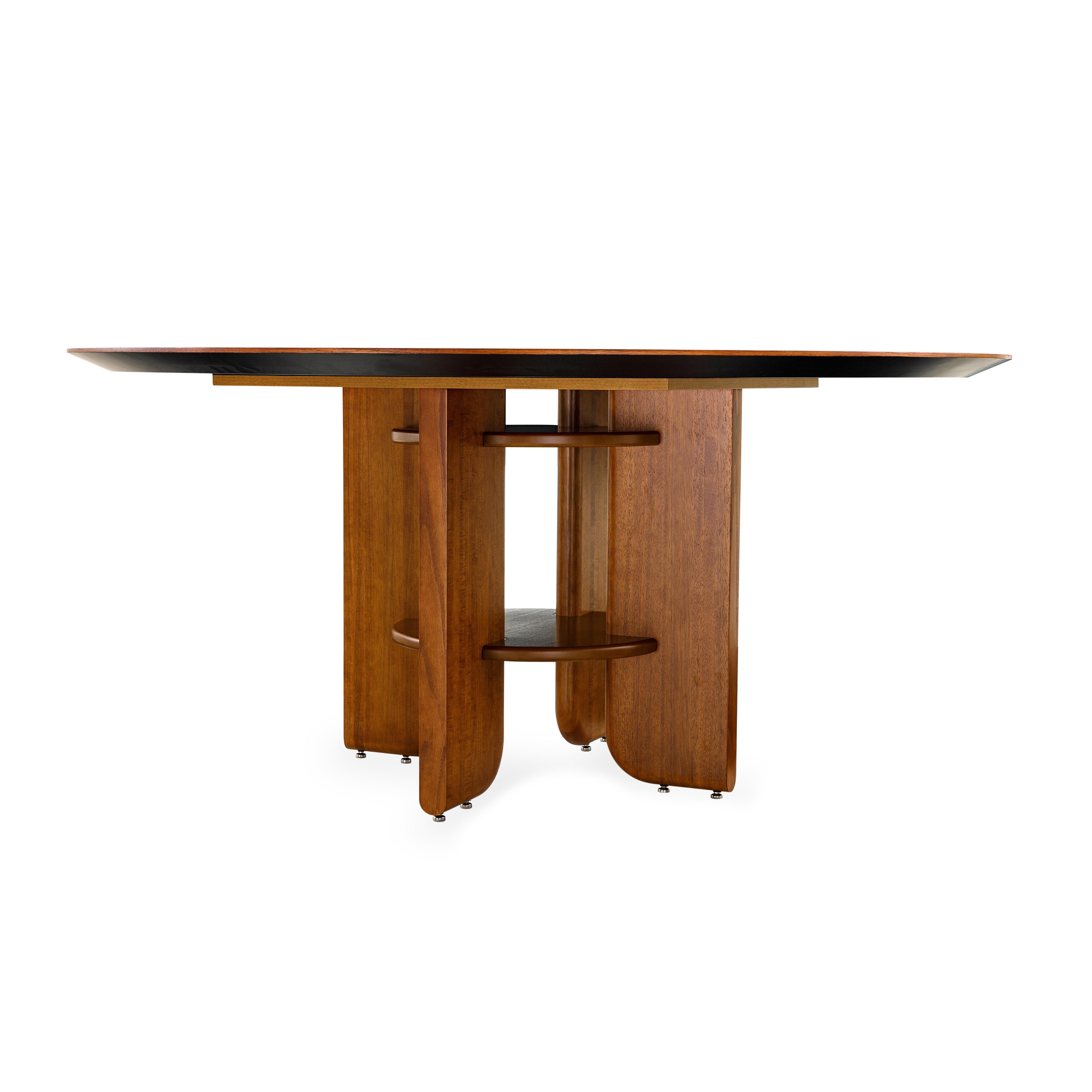 Contemporary Moon Round Dining Table with Almond Oak Veneered Top and Wood Legs 63'' For Sale