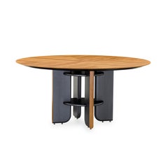 Art Deco Styled Teak Wood Round Dining Table with Graphite Base, 63-Inch Top
