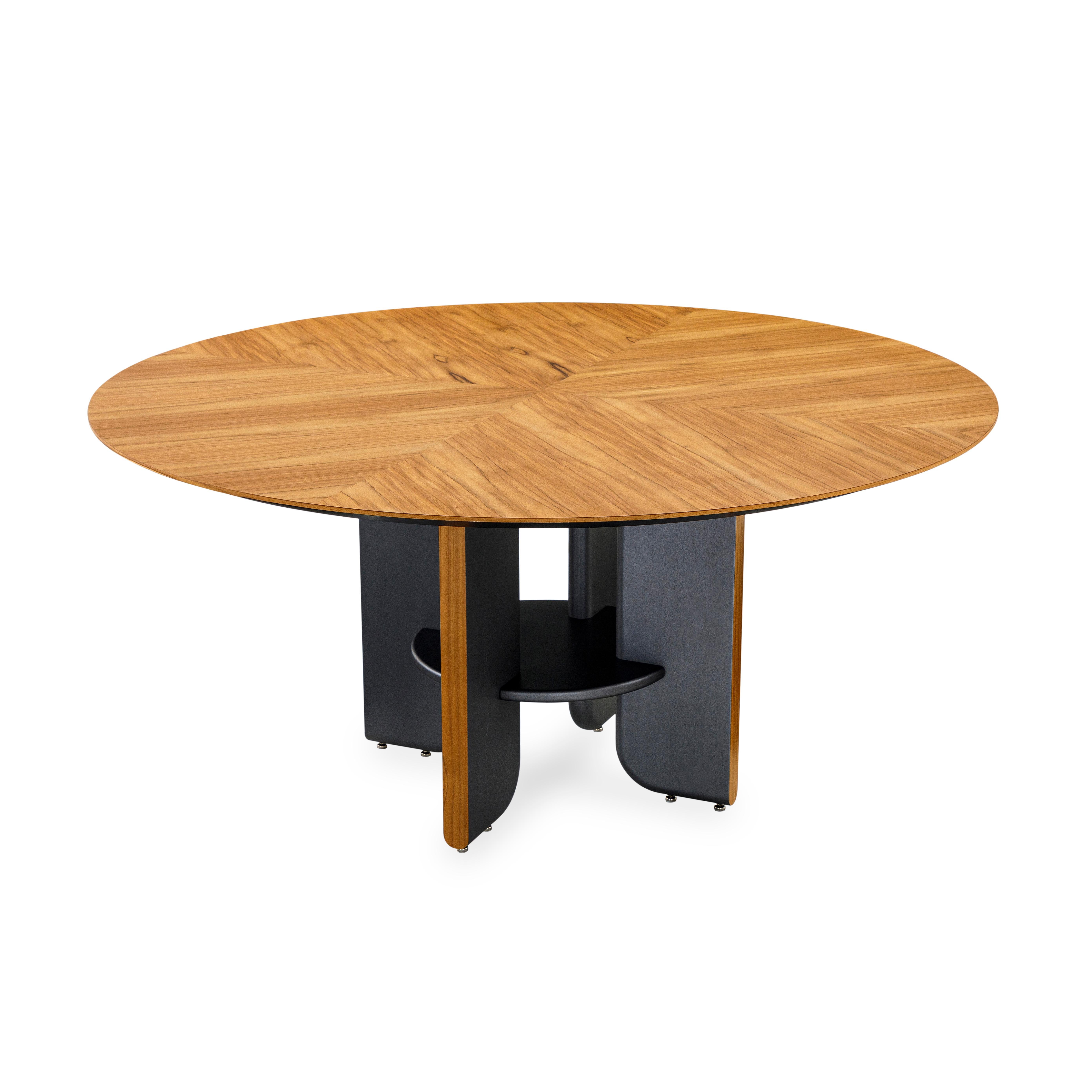 Brazilian Moon Round Dining Table with Teak Veneered Top and Black Wood Legs 63'' For Sale