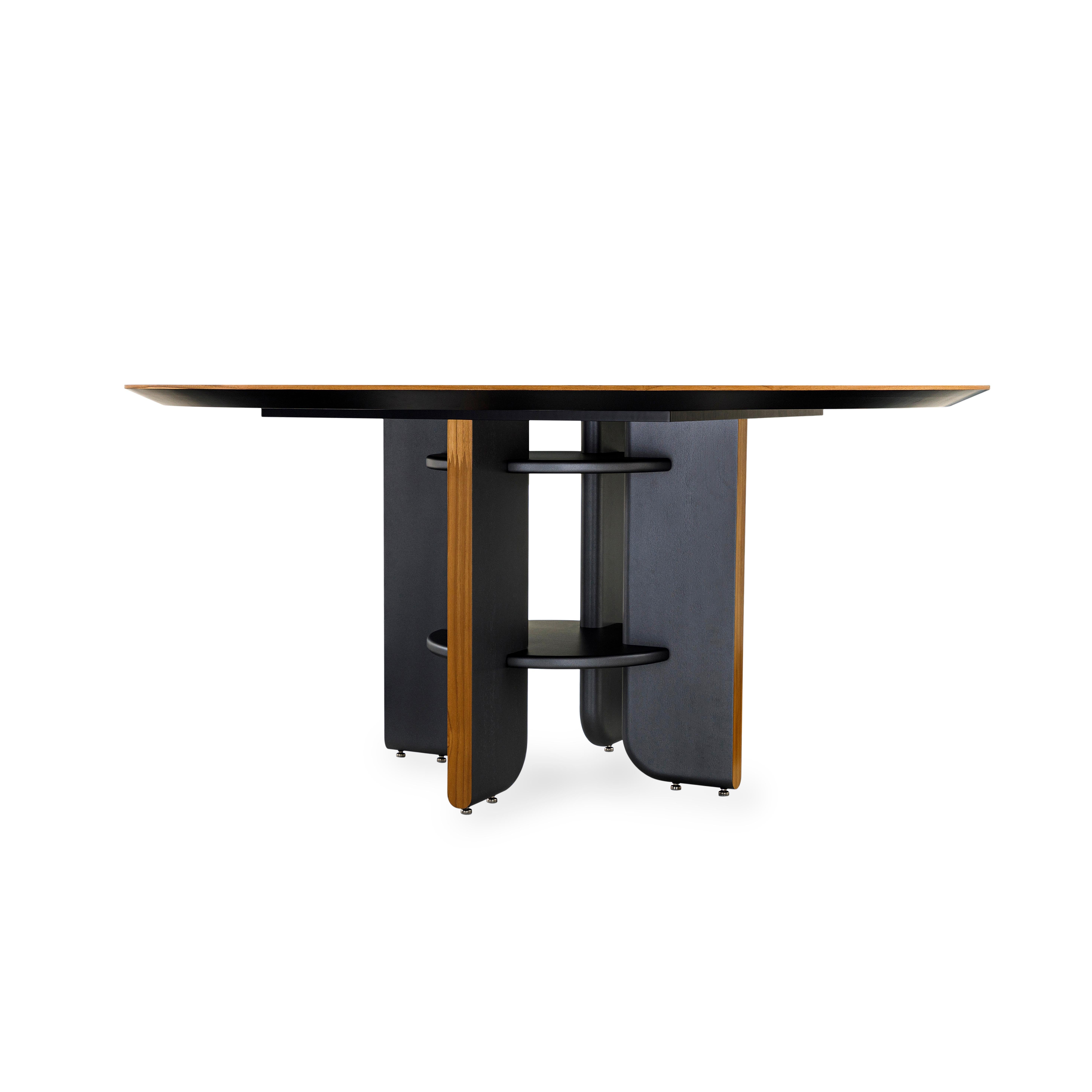 Moon Round Dining Table with Teak Veneered Top and Black Wood Legs 63'' In New Condition For Sale In Miami, FL