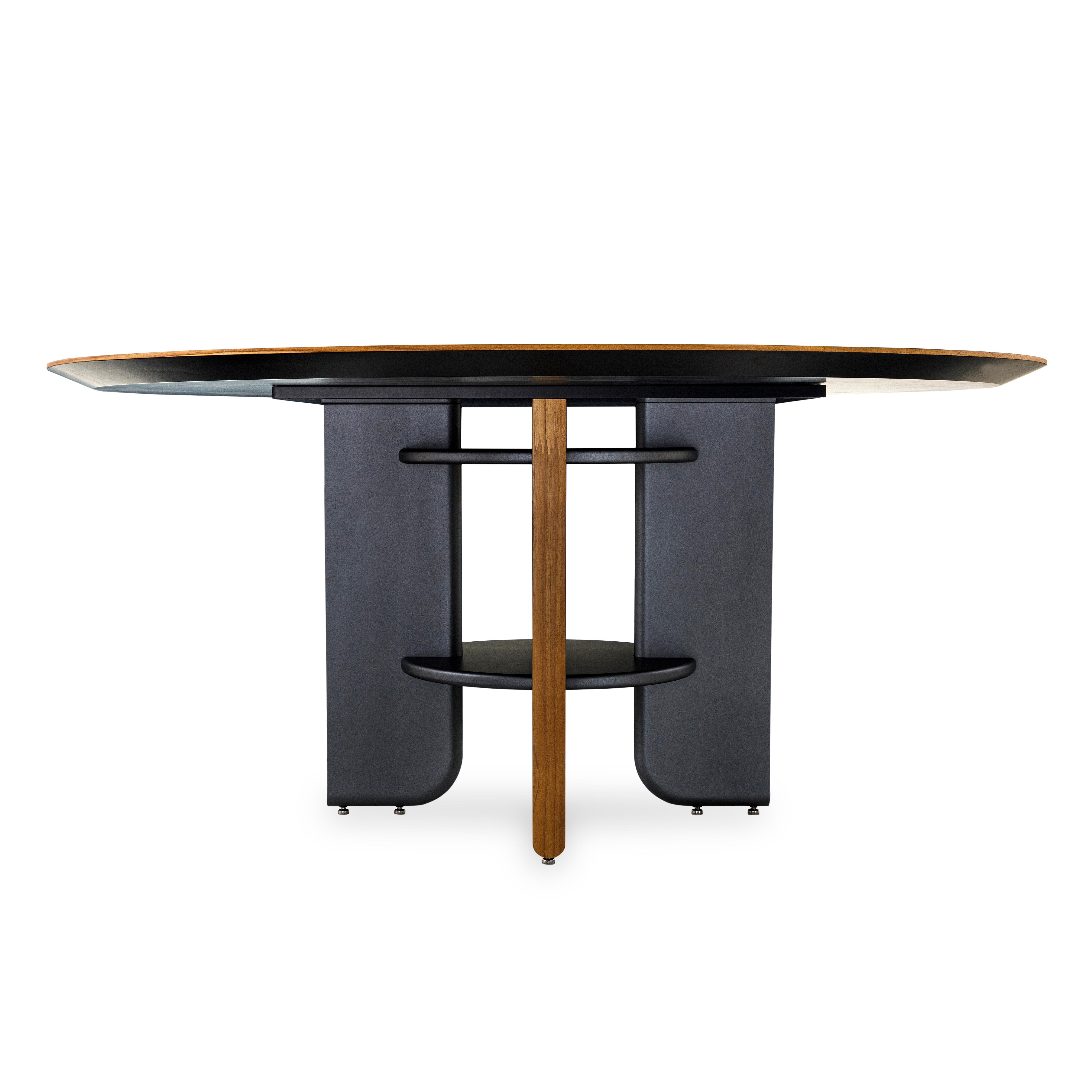 Contemporary Moon Round Dining Table with Teak Veneered Top and Black Wood Legs 63'' For Sale