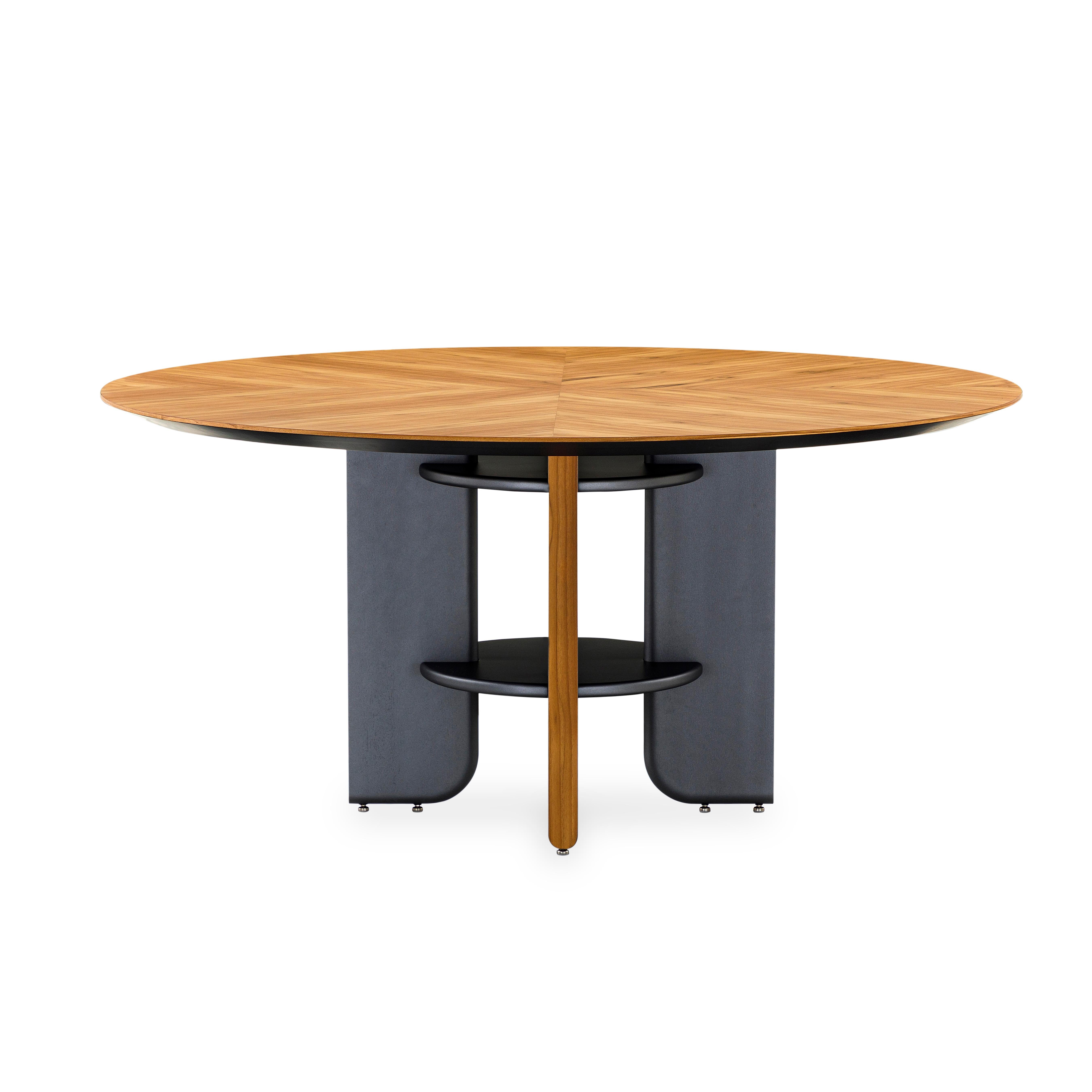 Moon Round Dining Table with Teak Veneered Top and Black Wood Legs 63'' For Sale 1