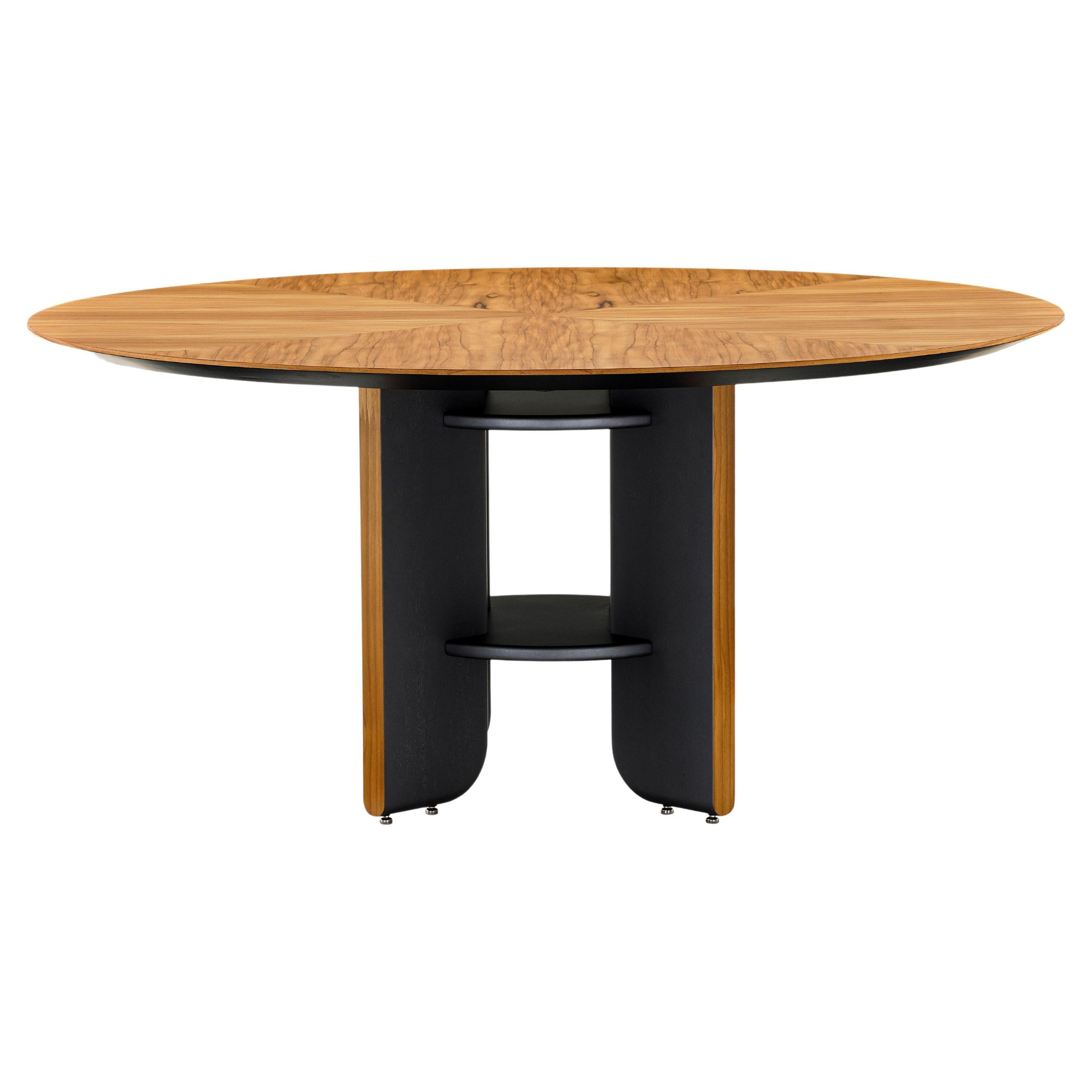 Moon Round Dining Table with Teak Veneered Top and Black Wood Legs 63'' For Sale