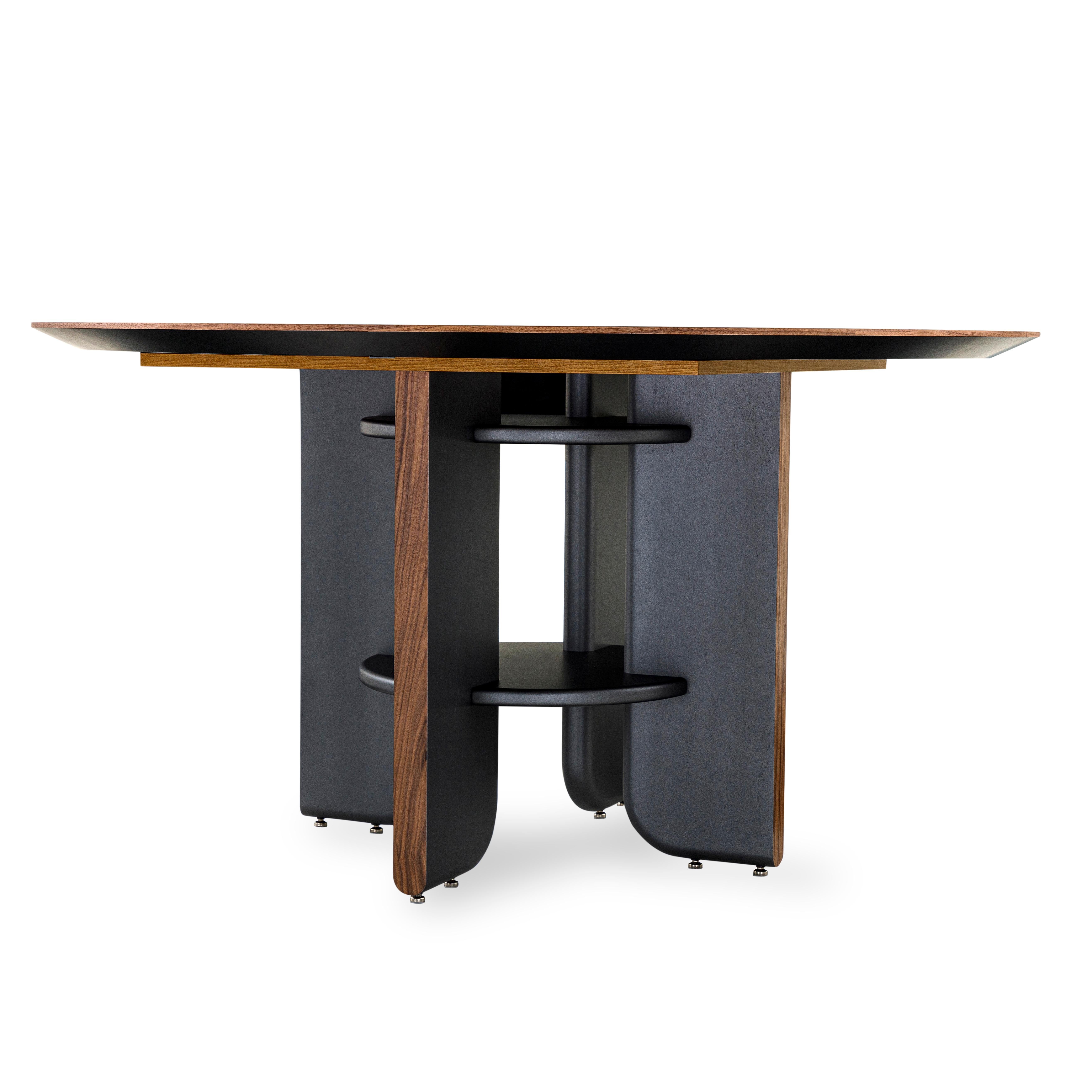 Brazilian Moon Round Dining Table with Walnut Veneered Top and Black Wood Legs 63'' For Sale