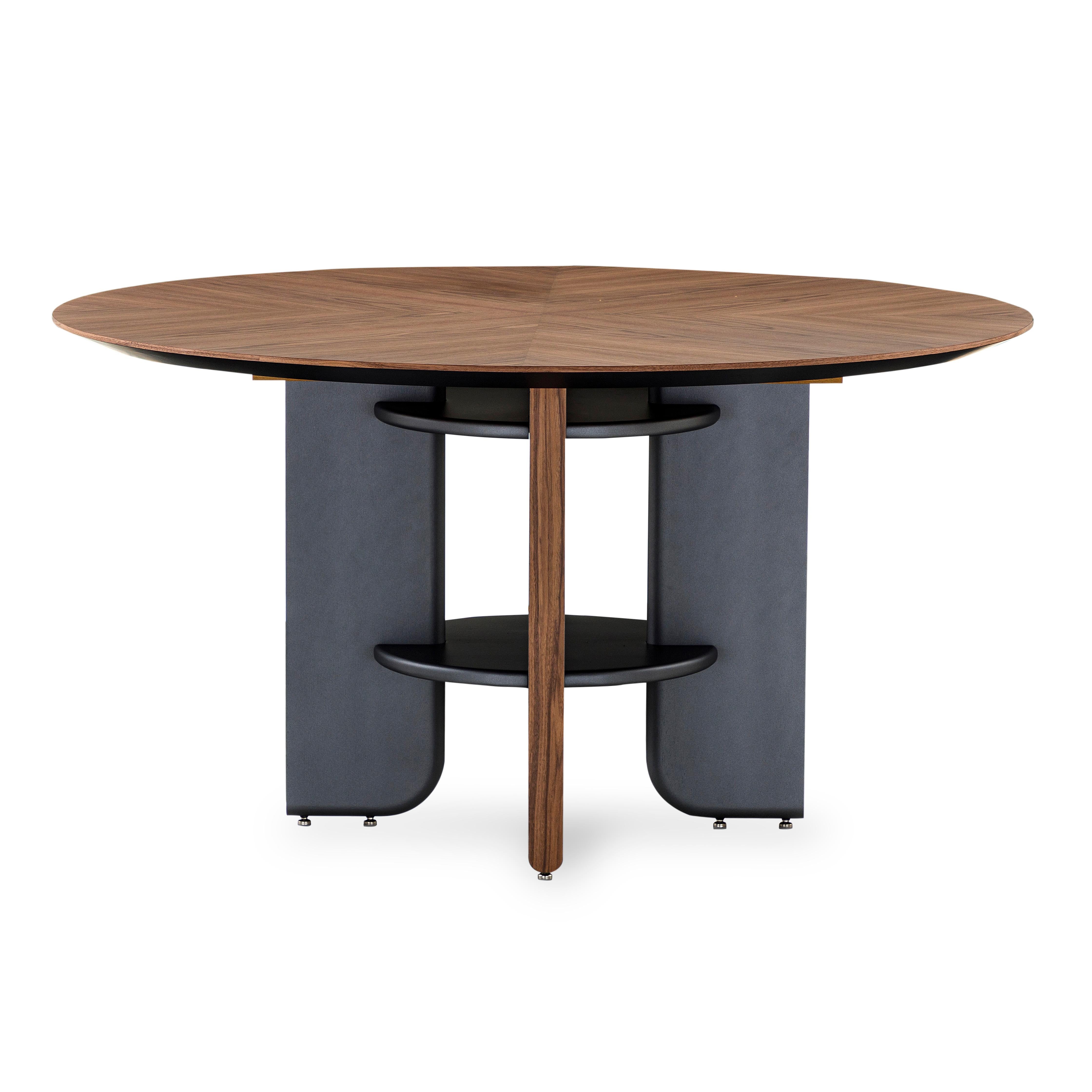 Contemporary Moon Round Dining Table with Walnut Veneered Top and Black Wood Legs 63'' For Sale