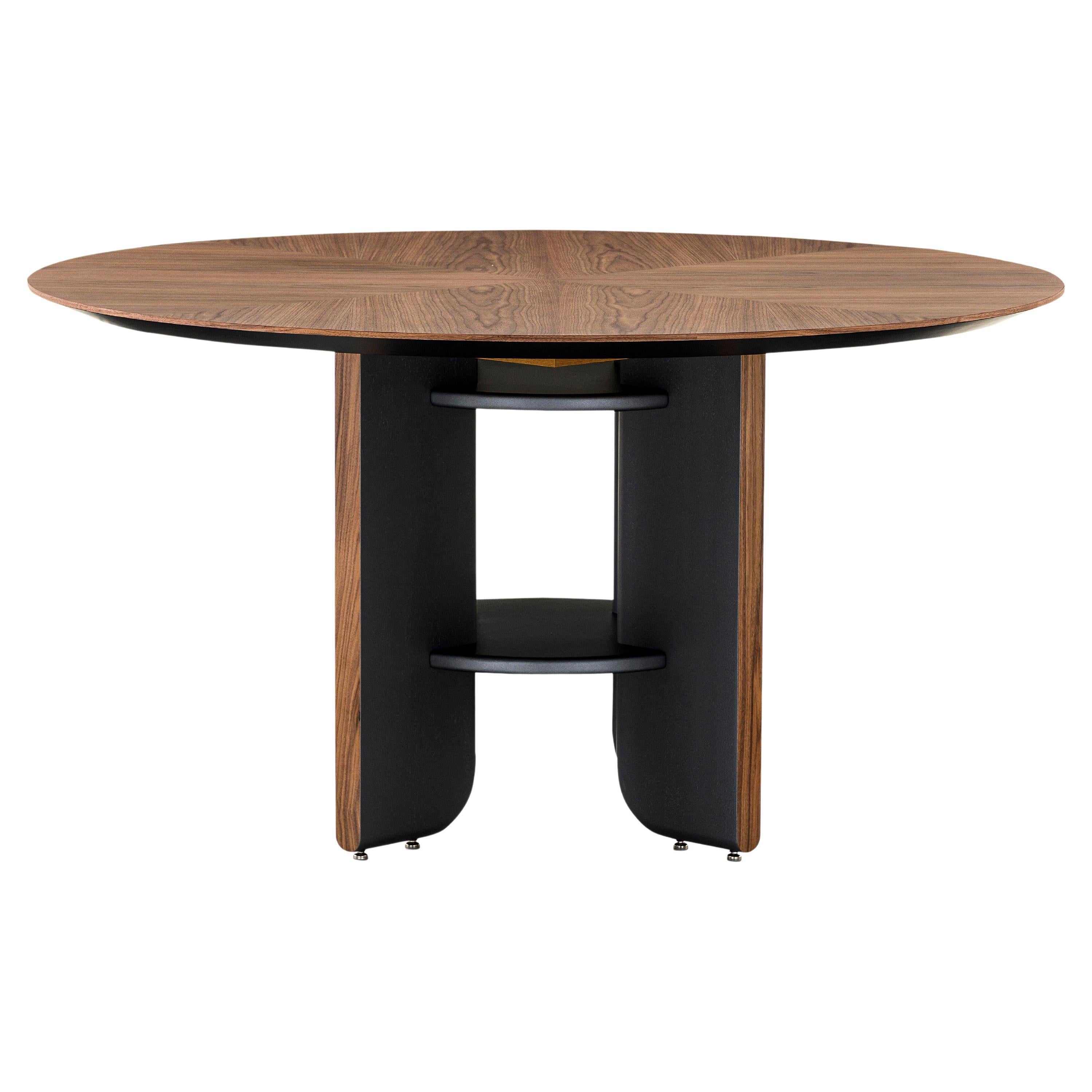 Moon Round Dining Table with Walnut Veneered Top and Black Wood Legs 63'' For Sale