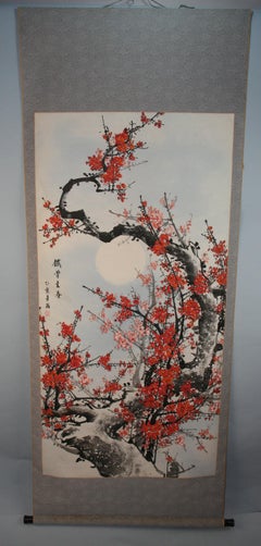Hand-Painted Moon and Blossoms Scroll, Paper Art, Asian Design, 1960s