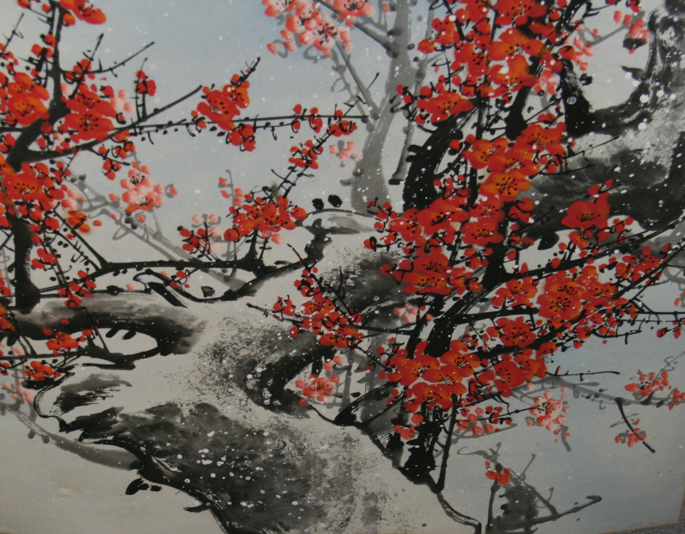 Moon and Blossoms Hand Painted Scroll For Sale 1