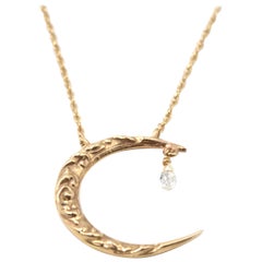 Moon and Briolette Cut Diamond 14 Karat Yellow Gold Necklace