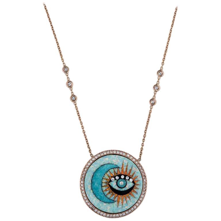 Moon and Eye Opal Inlay and Diamond Necklace For Sale