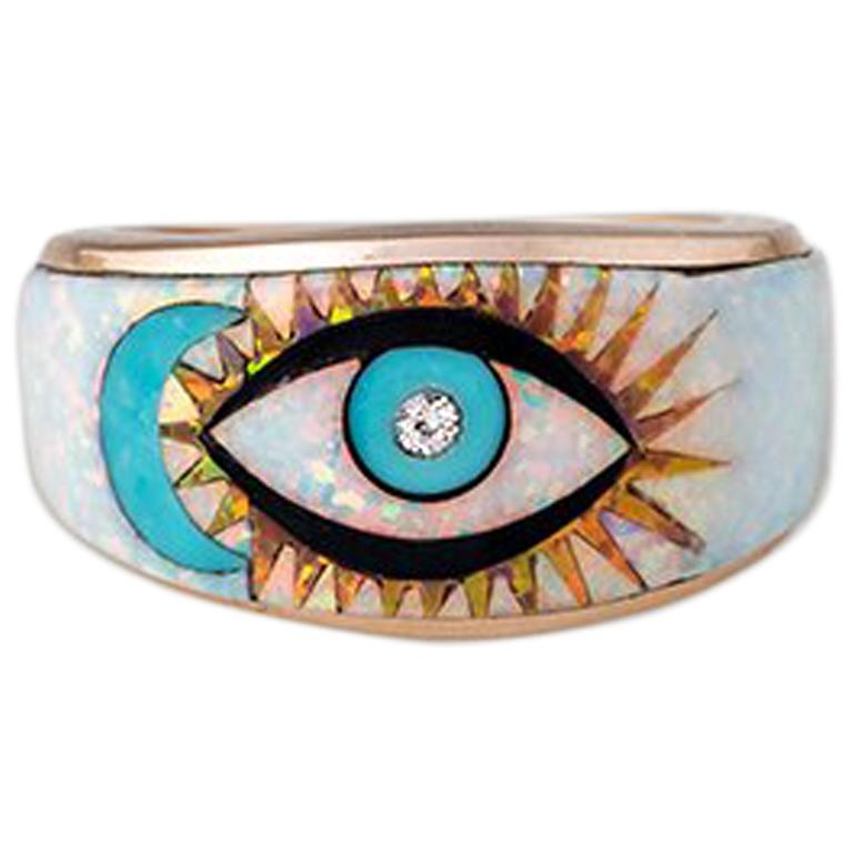 Moon and Eye Opal Inlay Ring For Sale