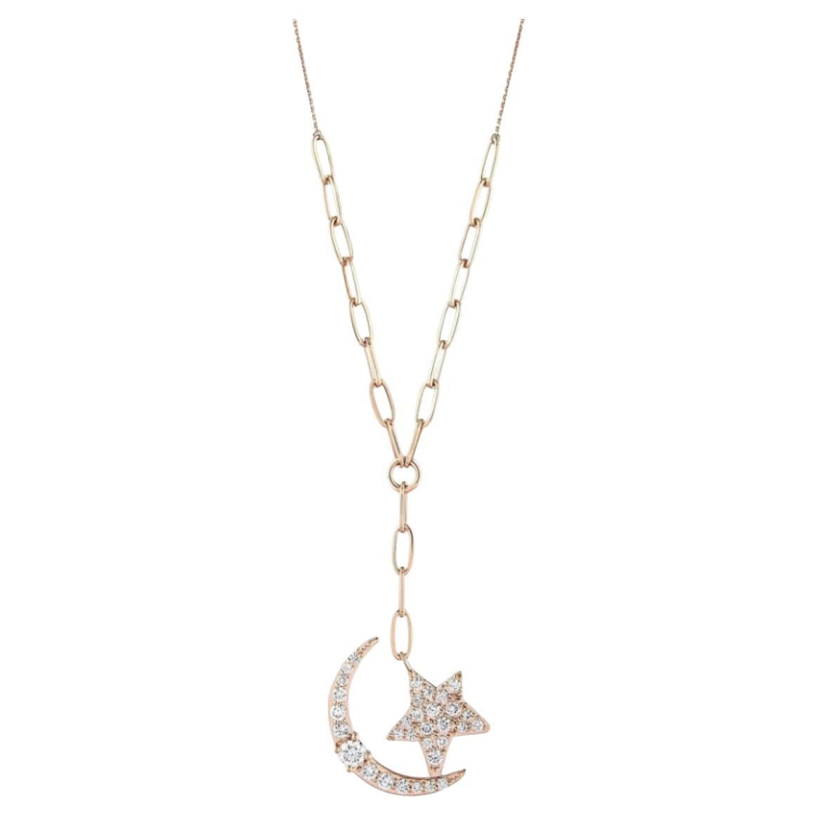 Ball Cut Moon and Star 24k Yellow Gold and 2.54Ct White Diamond Pendant Necklace For Sale