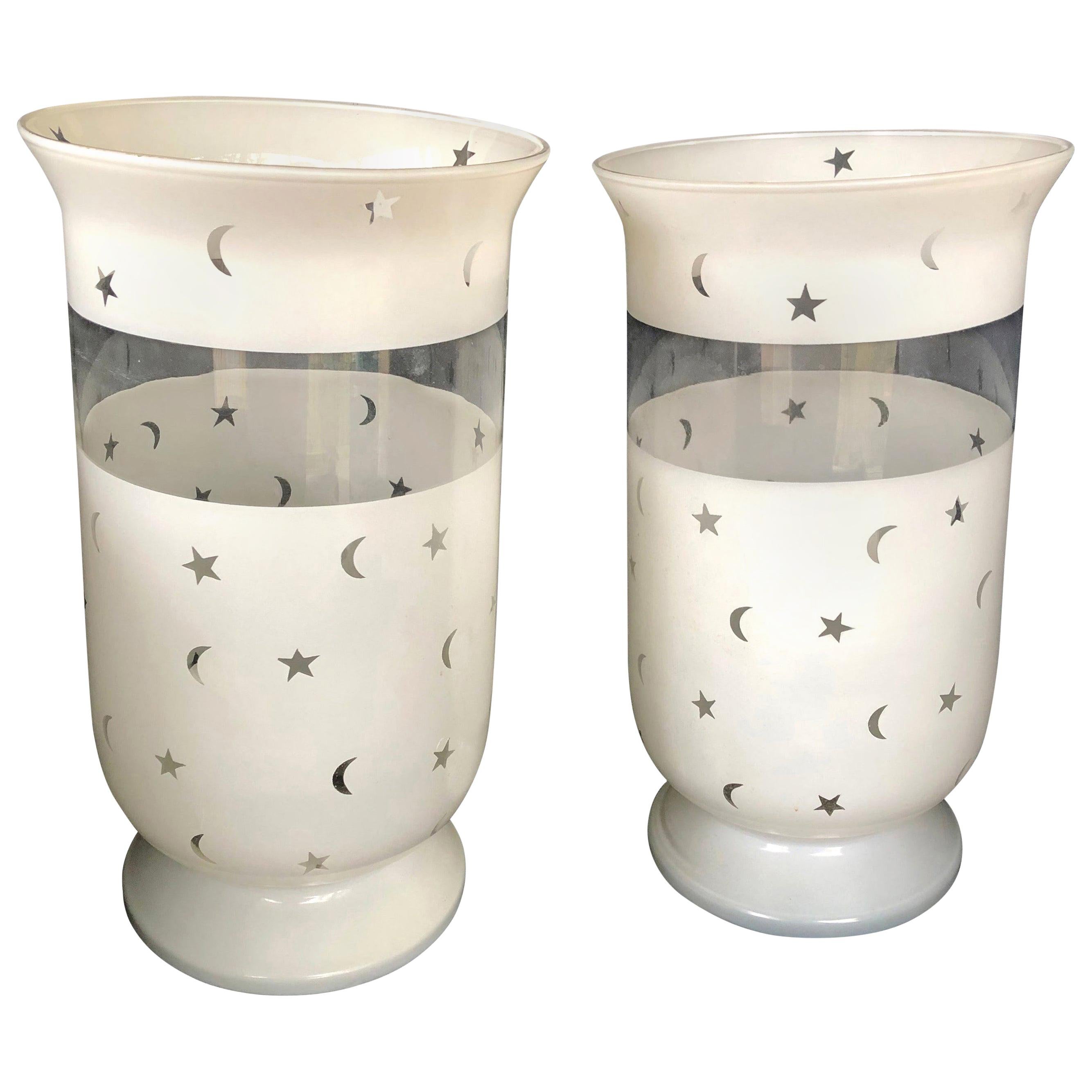 Moon and Star Decorated Frosted Glass Hurricane Shades For Sale