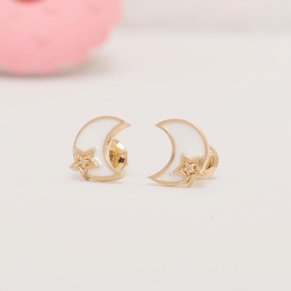 Art Déco Orecchini per bambini con diamanti a forma di luna e stella in oro massiccio 14k (certificati) in vendita