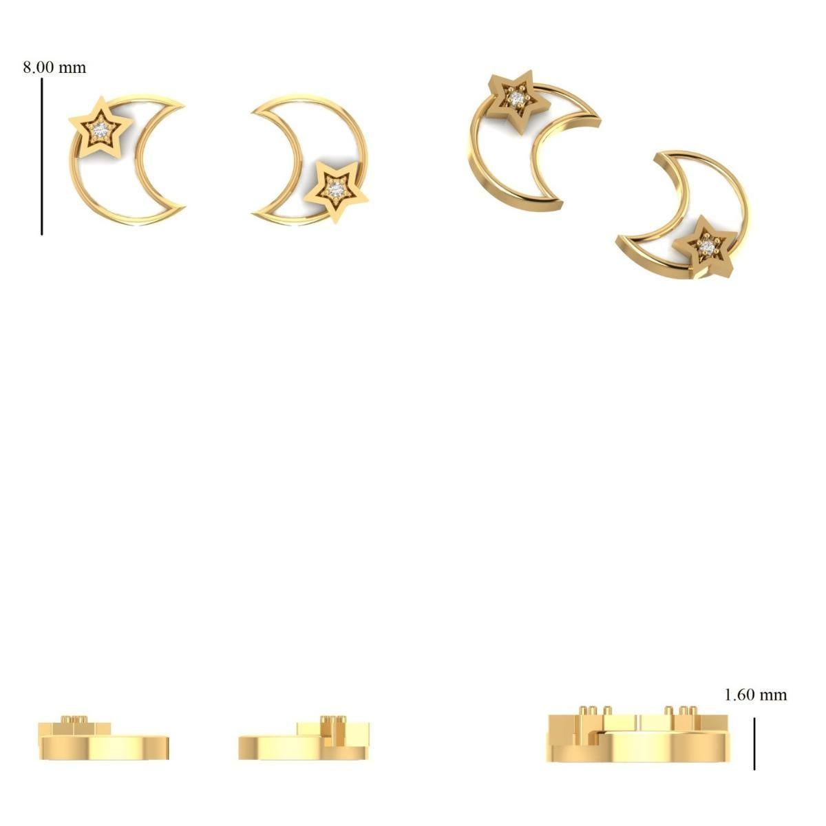 Orecchini per bambini con diamanti a forma di luna e stella in oro massiccio 14k (certificati) in vendita 2