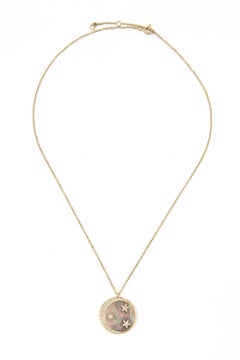 Moon and Star Diamond Mother of Pearl Yellow Gold Pendant Necklace