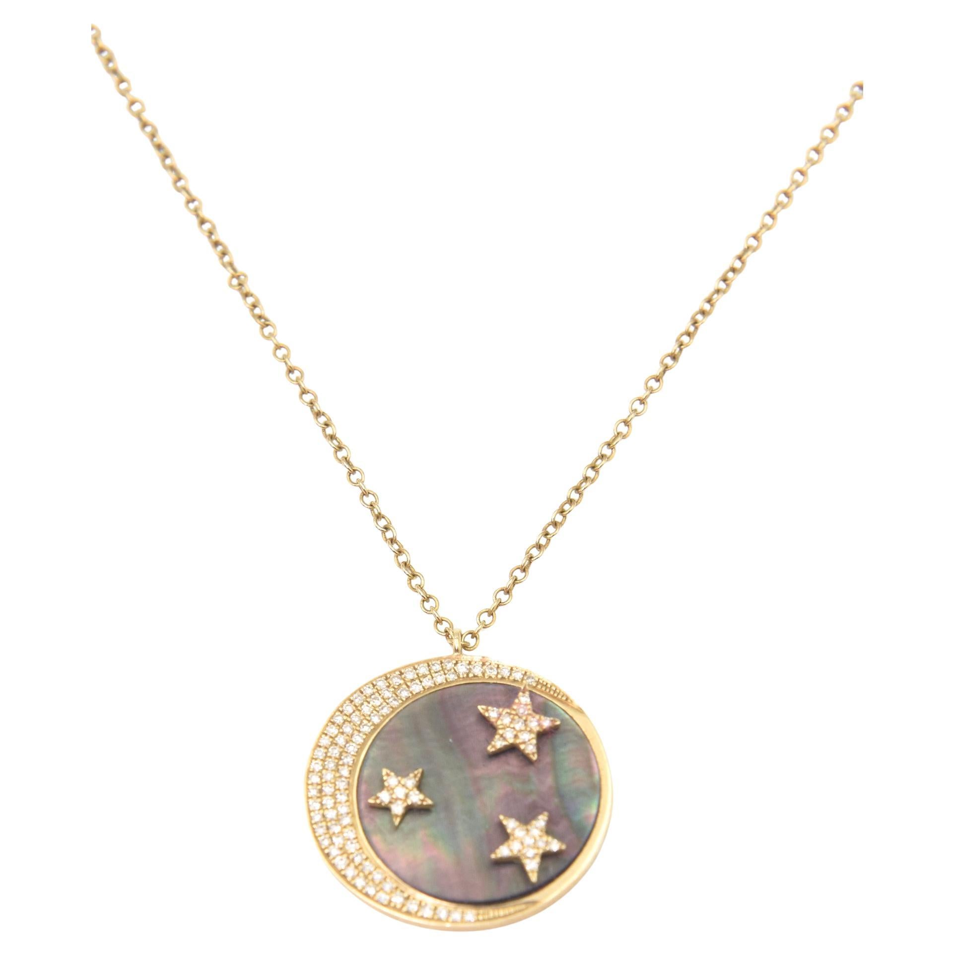 Moon and Star Diamond Mother of Pearl Yellow Gold Pendant Necklace