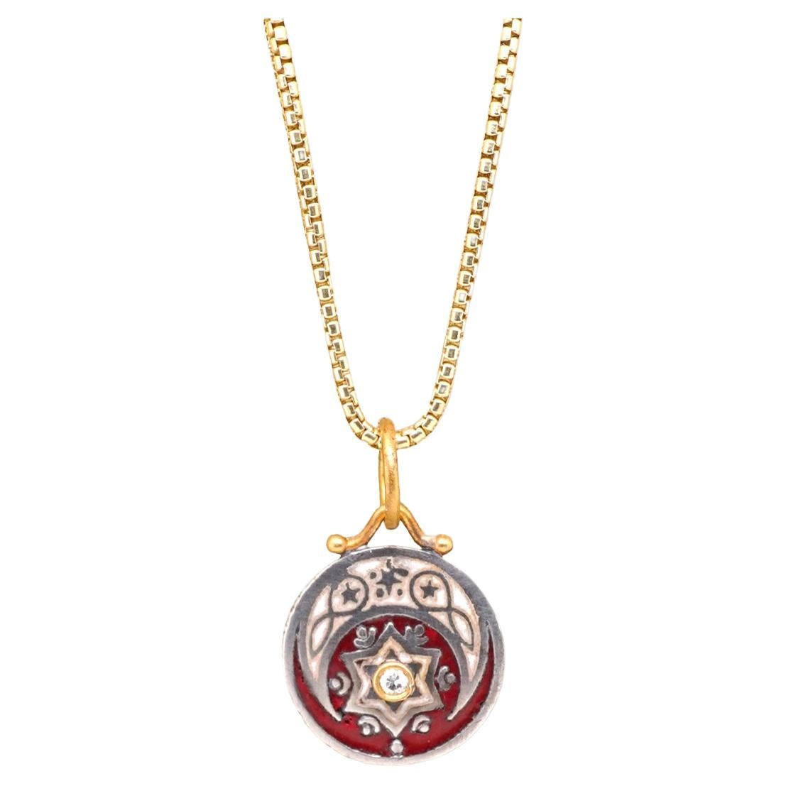 Moon and Star Enameled Pendant Charm in Red and Silver, Pendant Necklace with Diamond, 24kt Gold and Silver by Prehistoric Works of Istanbul, Turkey. Diamond - 0.03cts. Comes with 16