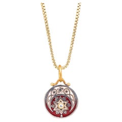 Moon and Star Enameled Pendant Charm, 24kt Gold, Silver, Red Enamel with Diamond