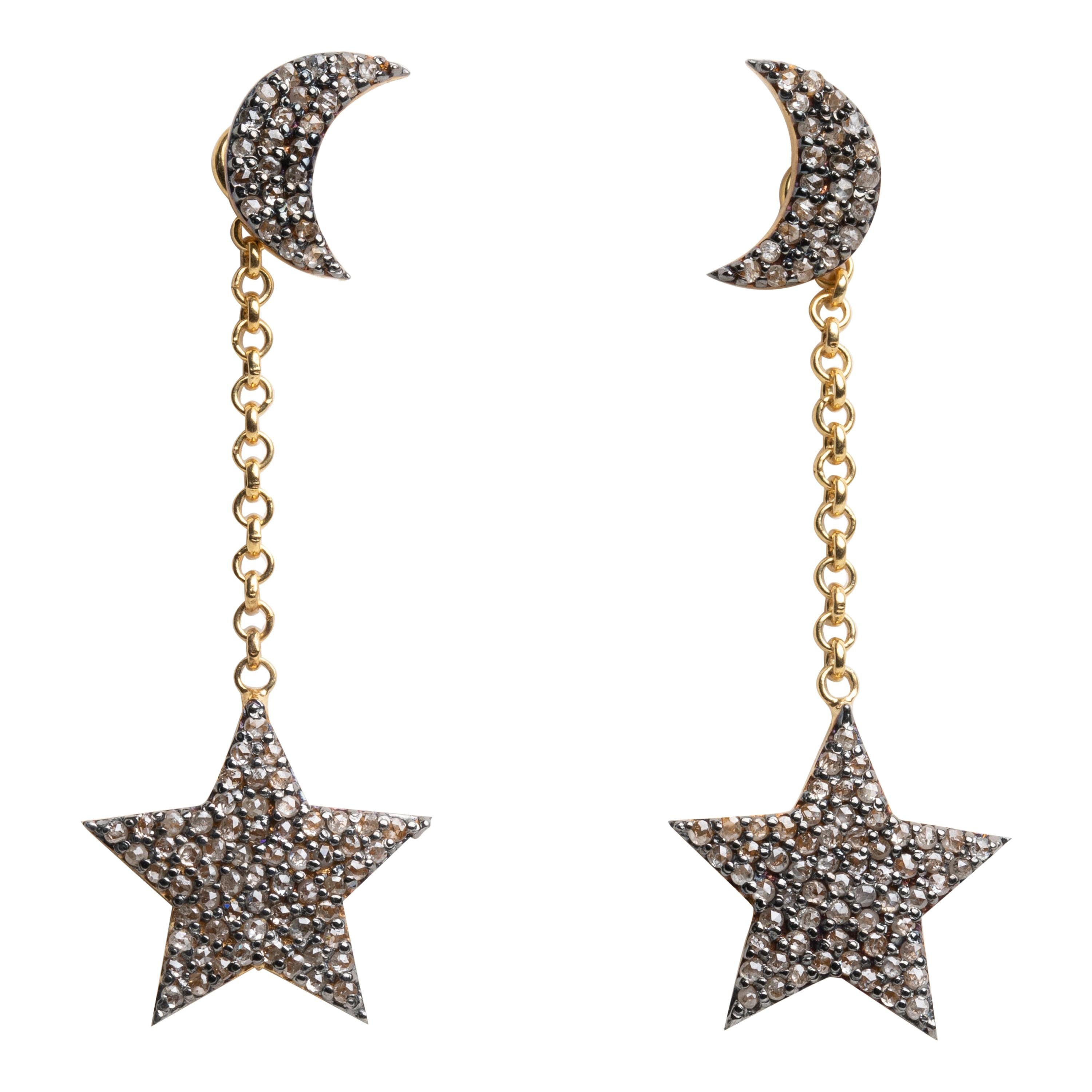 Moon and Star Pave` Diamond Dangle Earrings