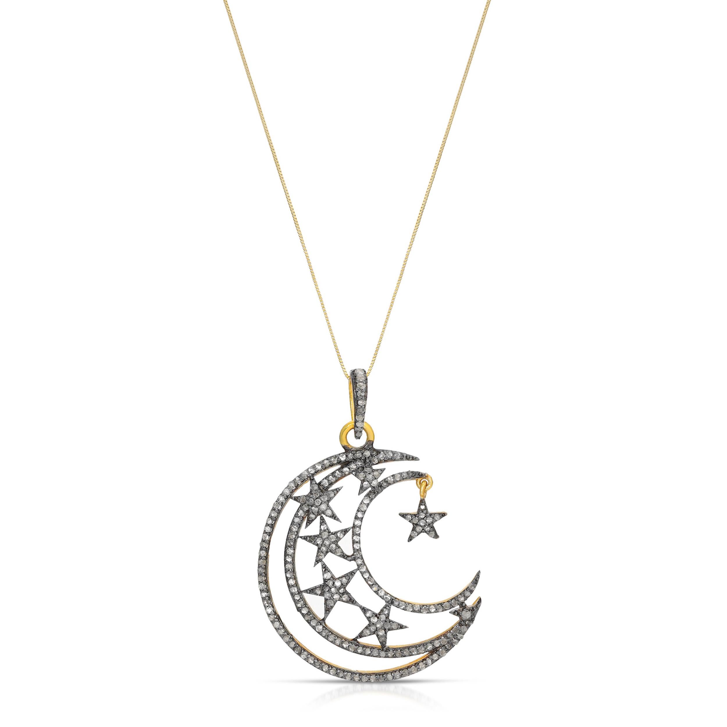 I’ll give you the Moon and the Stars in the form of a fabulous pendant featuring a Diamond set moon, Diamond set stars and contrasting 18 Karat Gold overlay Silver accents suspended on an 18 inch 14 Karat fine Gold chain. This beautiful pendant