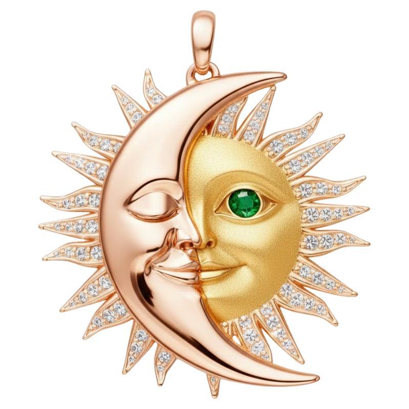 Moon and sun face pendant silver, gold For Sale