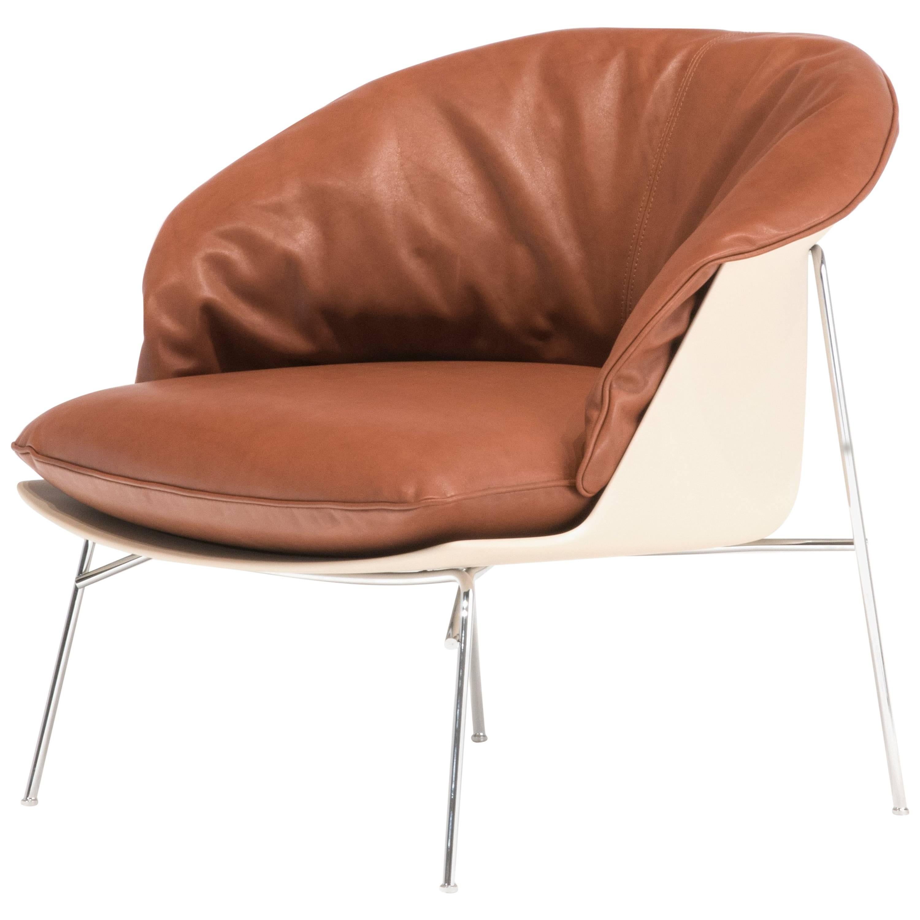 Moon Armchair in Beige with Brown Leather Cushion by Ludovica & Roberto Palomba For Sale