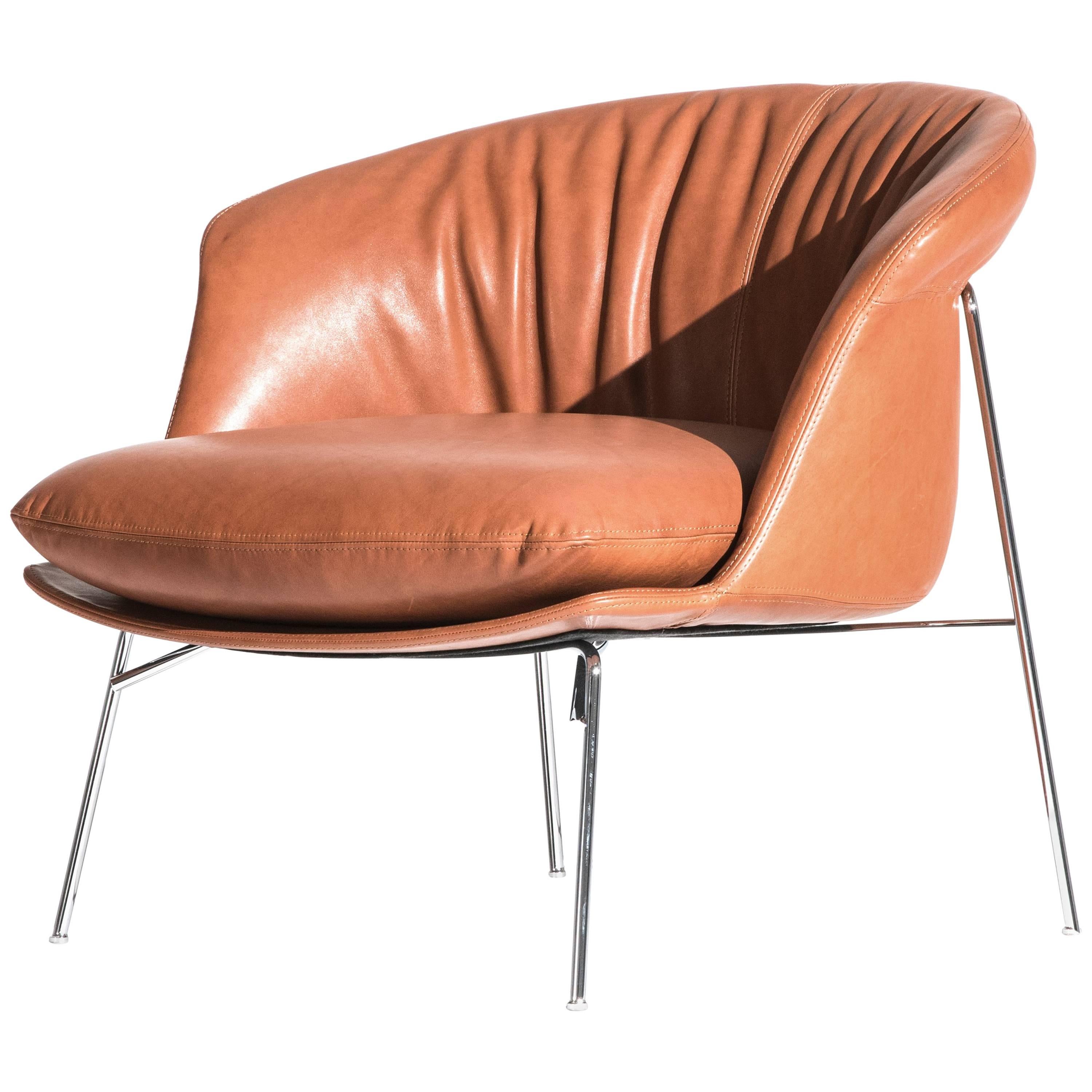 Fauteuil Moon avec coussin en cuir marron de Ludovica et Roberto Palomba pour Driade