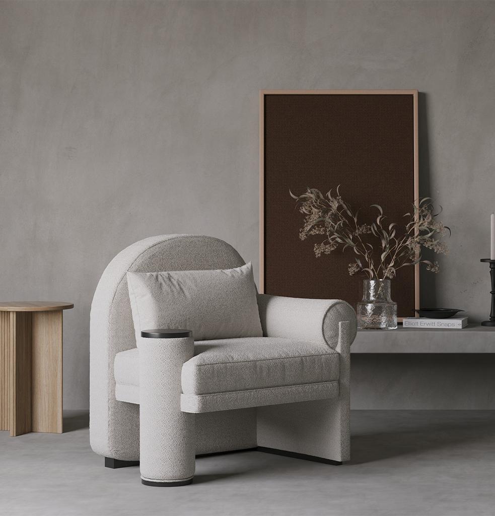 MOON brings together a visually striking and paradigm-breaking design, seamlessly integrating a coffee table and an armchair along the same aesthetic lines. This unique armchair not only captivates with its visual appeal but also offers practicality